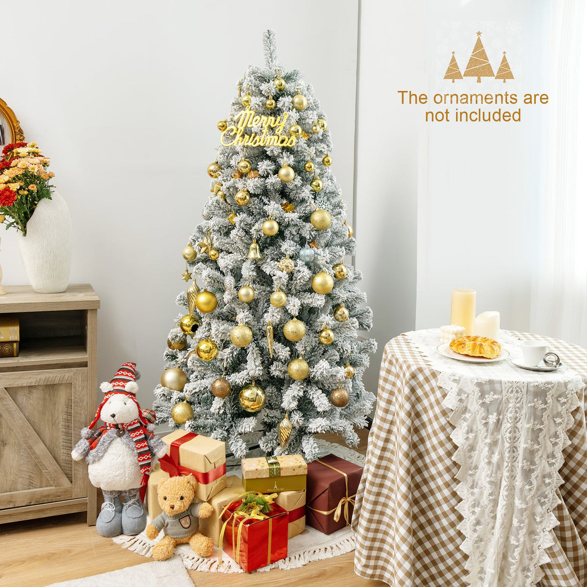 6 Feet Artificial Snow Decorated Flocked Hinged Christmas Tree with Metal Stand-Christmas Trees-DECOROLALA