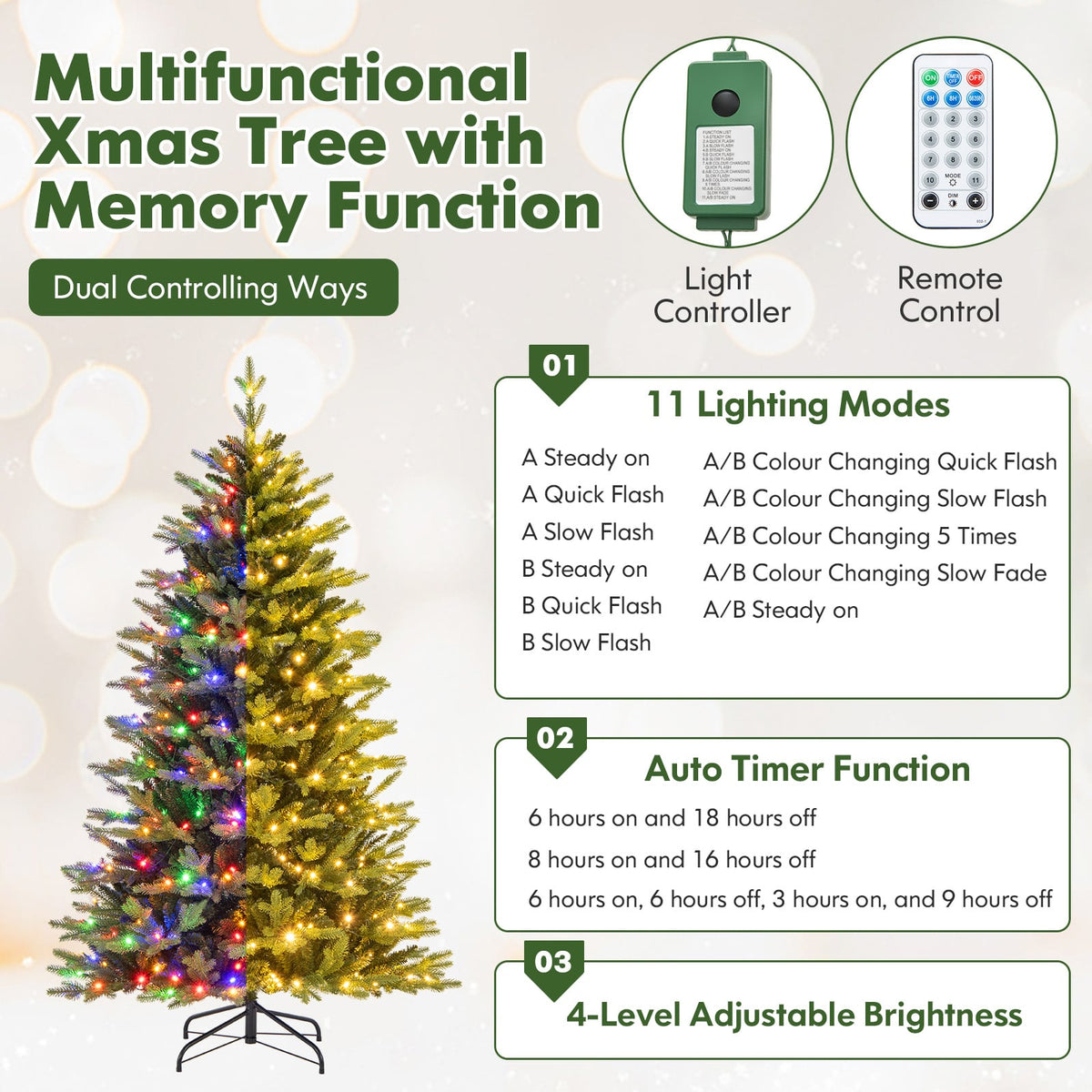 6 Feet Artificial Xmas Tree Hinged with 11 Lighting Modes and Remote Control-6 ft-Christmas Trees-DECOROLALA