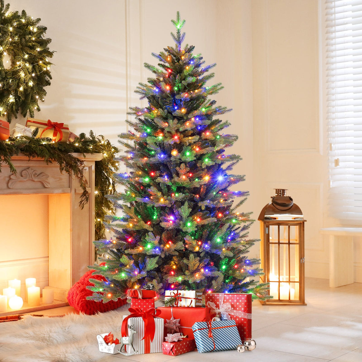 6 Feet Artificial Xmas Tree Hinged with 11 Lighting Modes and Remote Control-6 ft-Christmas Trees-DECOROLALA