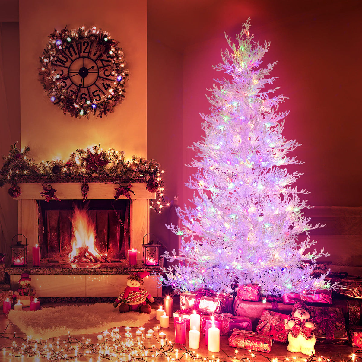 6 Feet Artificial Xmas Tree with 383 PE Branch Tips and 300 LED Lights-Christmas Trees-DECOROLALA