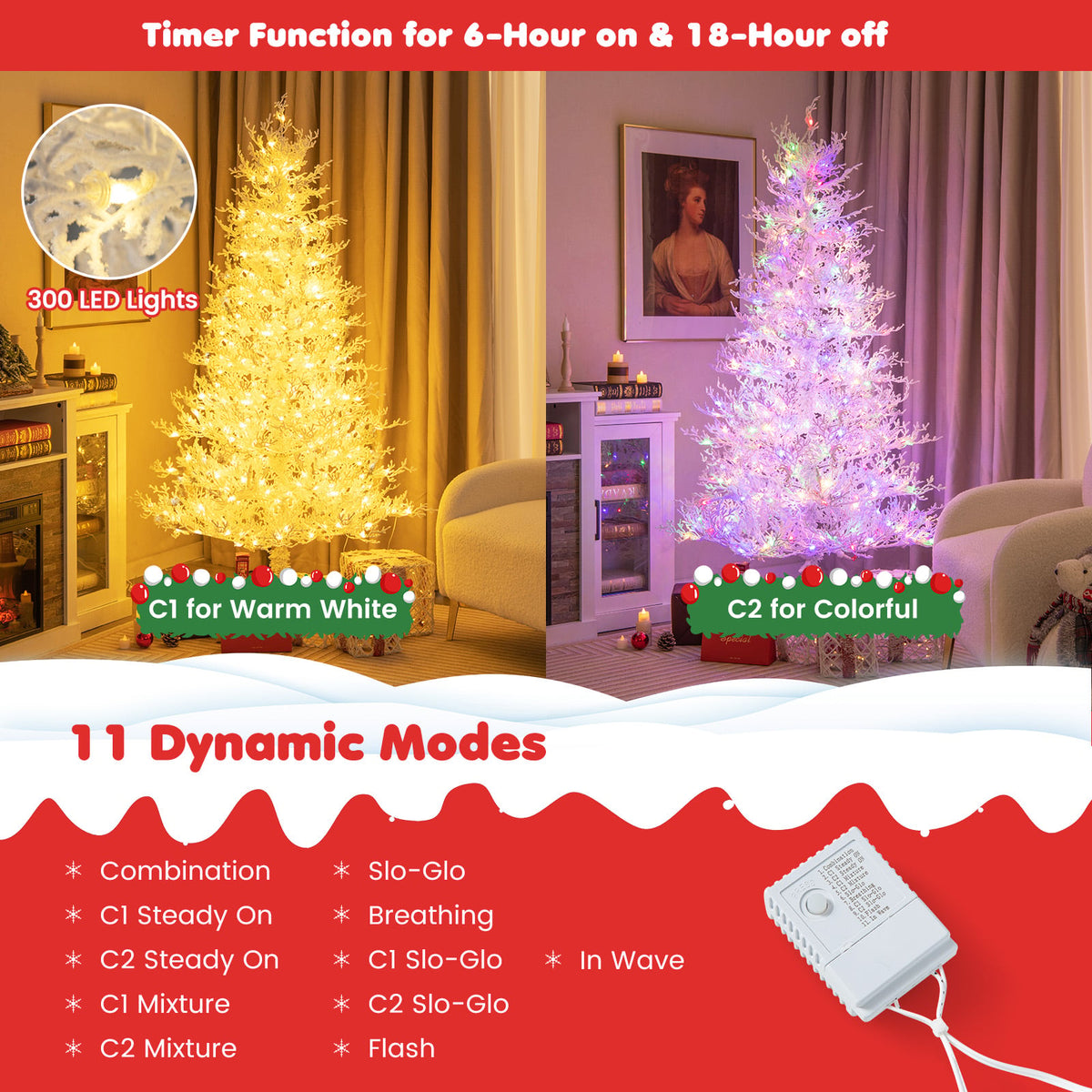 6 Feet Artificial Xmas Tree with 383 PE Branch Tips and 300 LED Lights-Christmas Trees-DECOROLALA