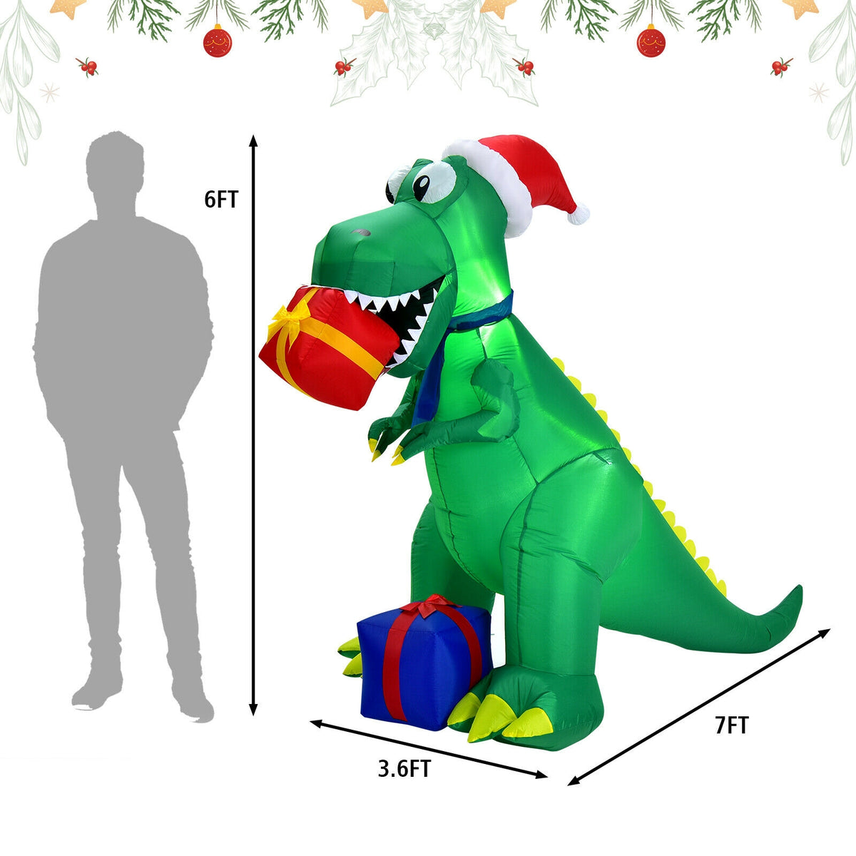 6 Feet Christmas Inflatable Dinosaur for Indoor and Outdoor-Christmas Inflatables-DECOROLALA