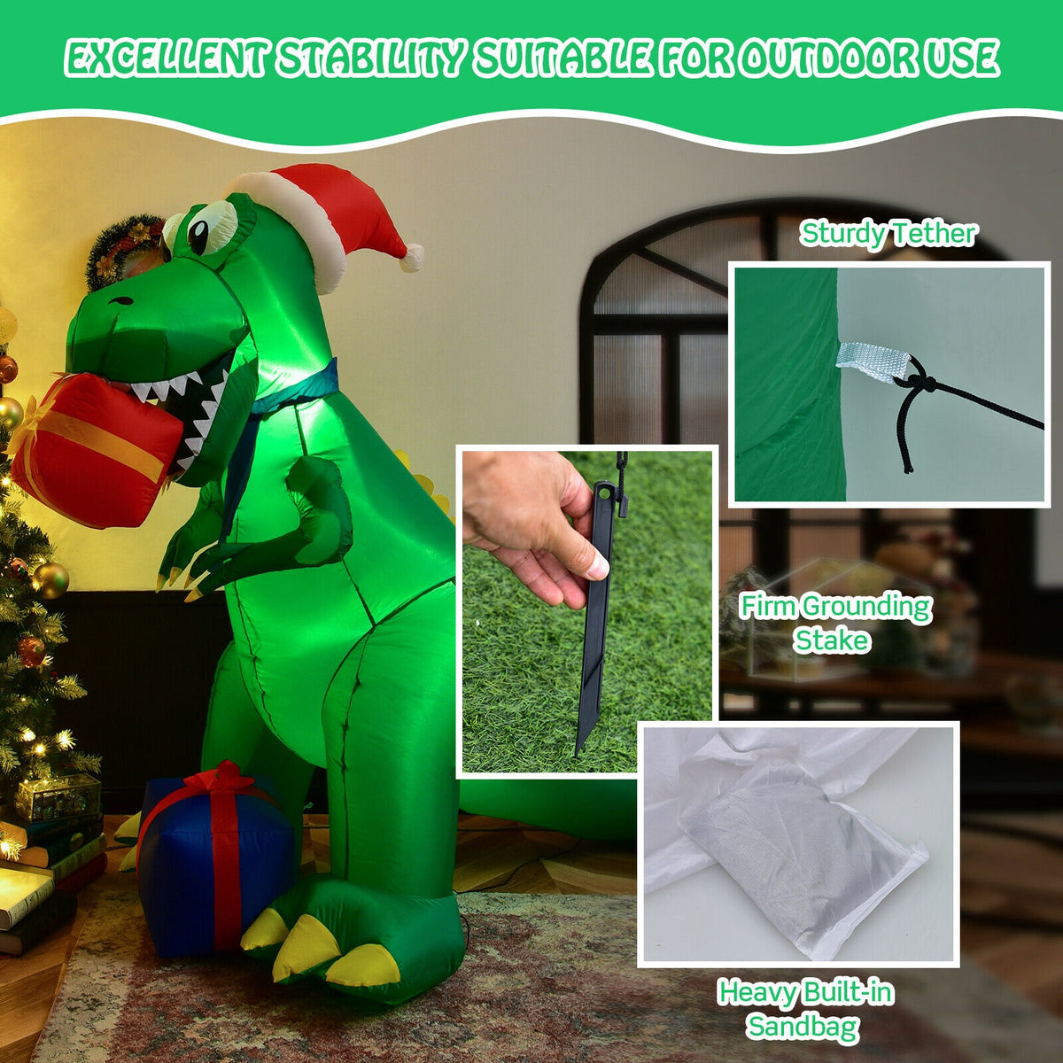 6 Feet Christmas Inflatable Dinosaur for Indoor and Outdoor-Christmas Inflatables-DECOROLALA