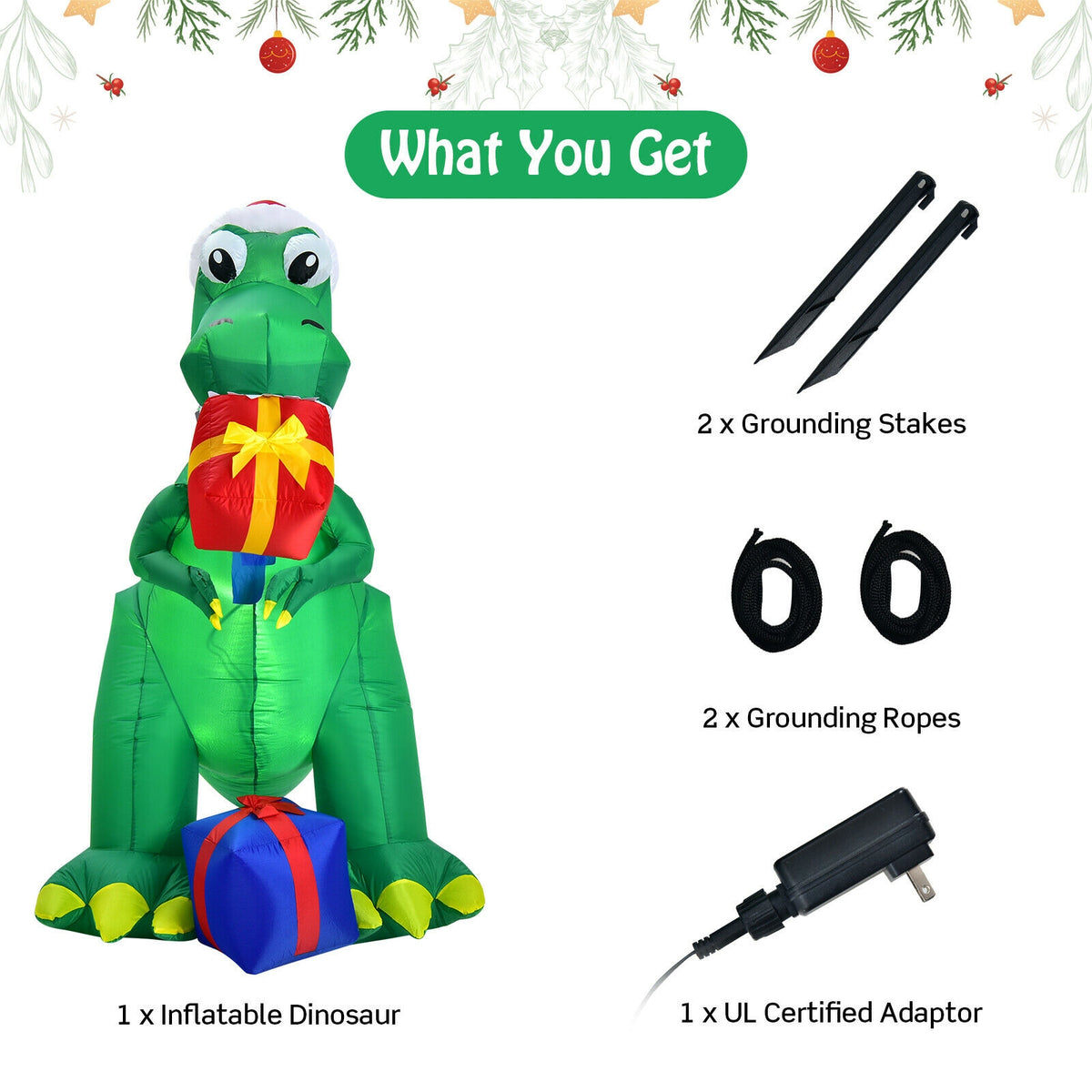 6 Feet Christmas Inflatable Dinosaur for Indoor and Outdoor-Christmas Inflatables-DECOROLALA