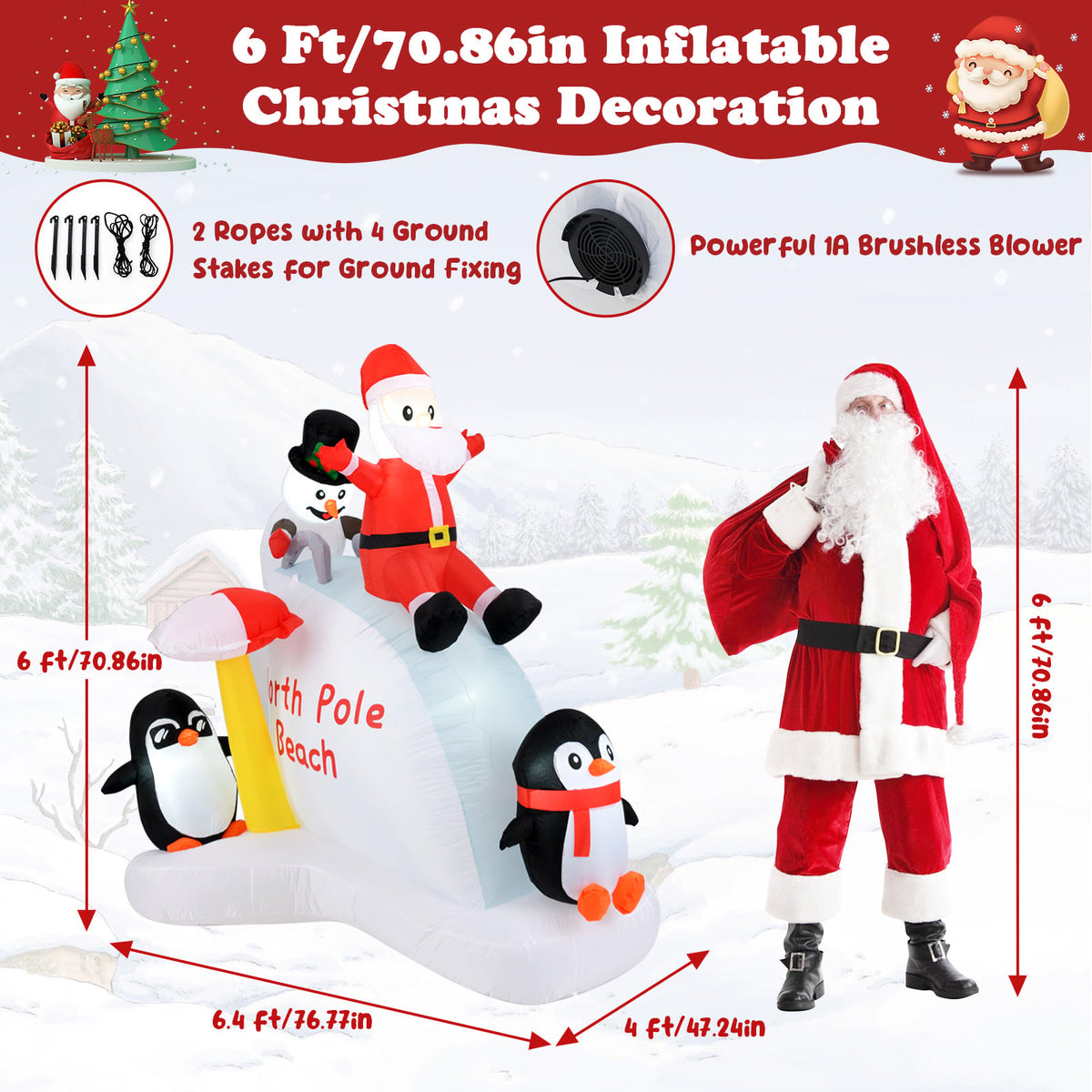 6 Feet Christmas Inflatable with Blow up Penguins and Santa Decoration-Christmas Inflatables-DECOROLALA