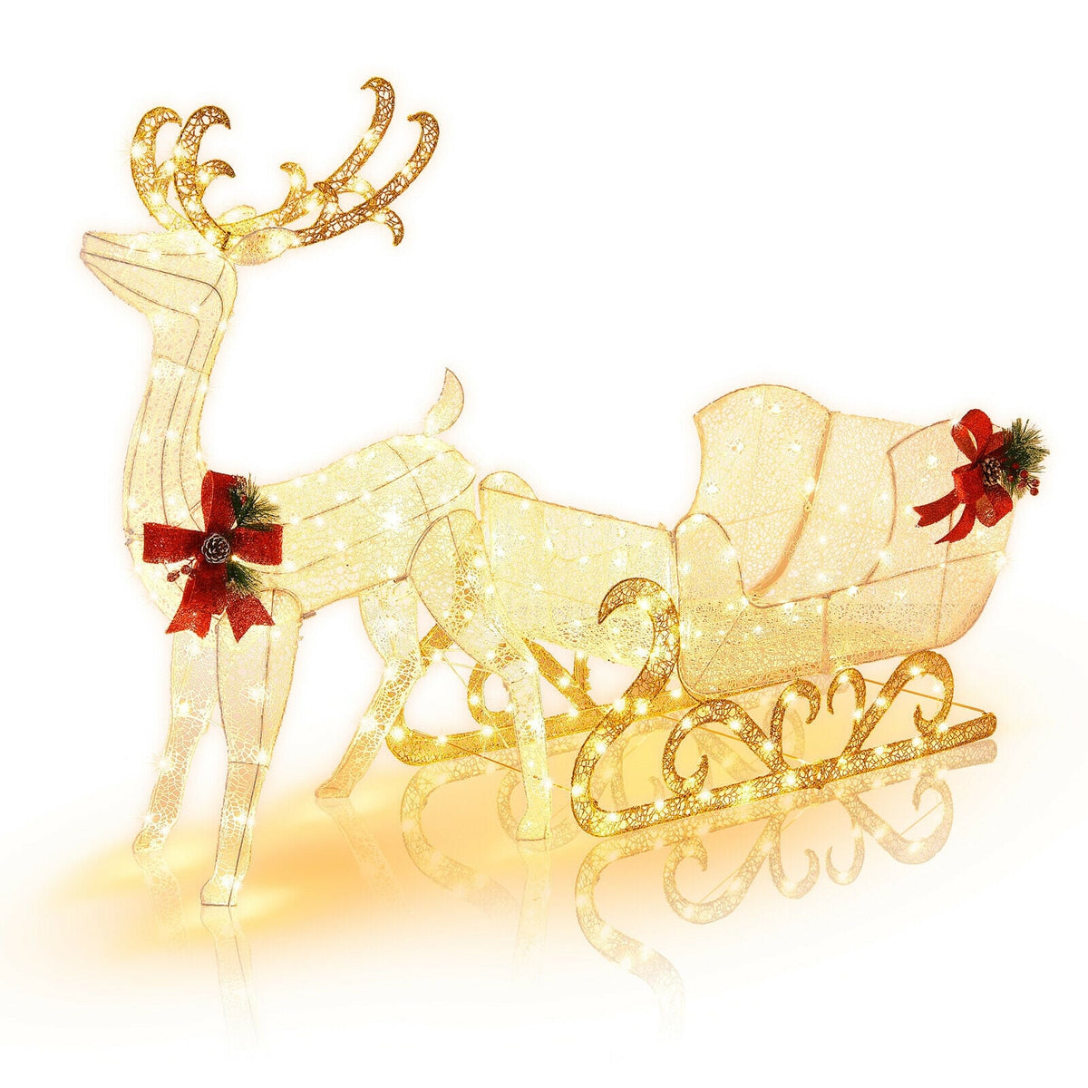 6 Feet Christmas Lighted Reindeer and Santa's Sleigh Decoration with 4 Stakes-Golden-Christmas Decorations & Accessories-DECOROLALA