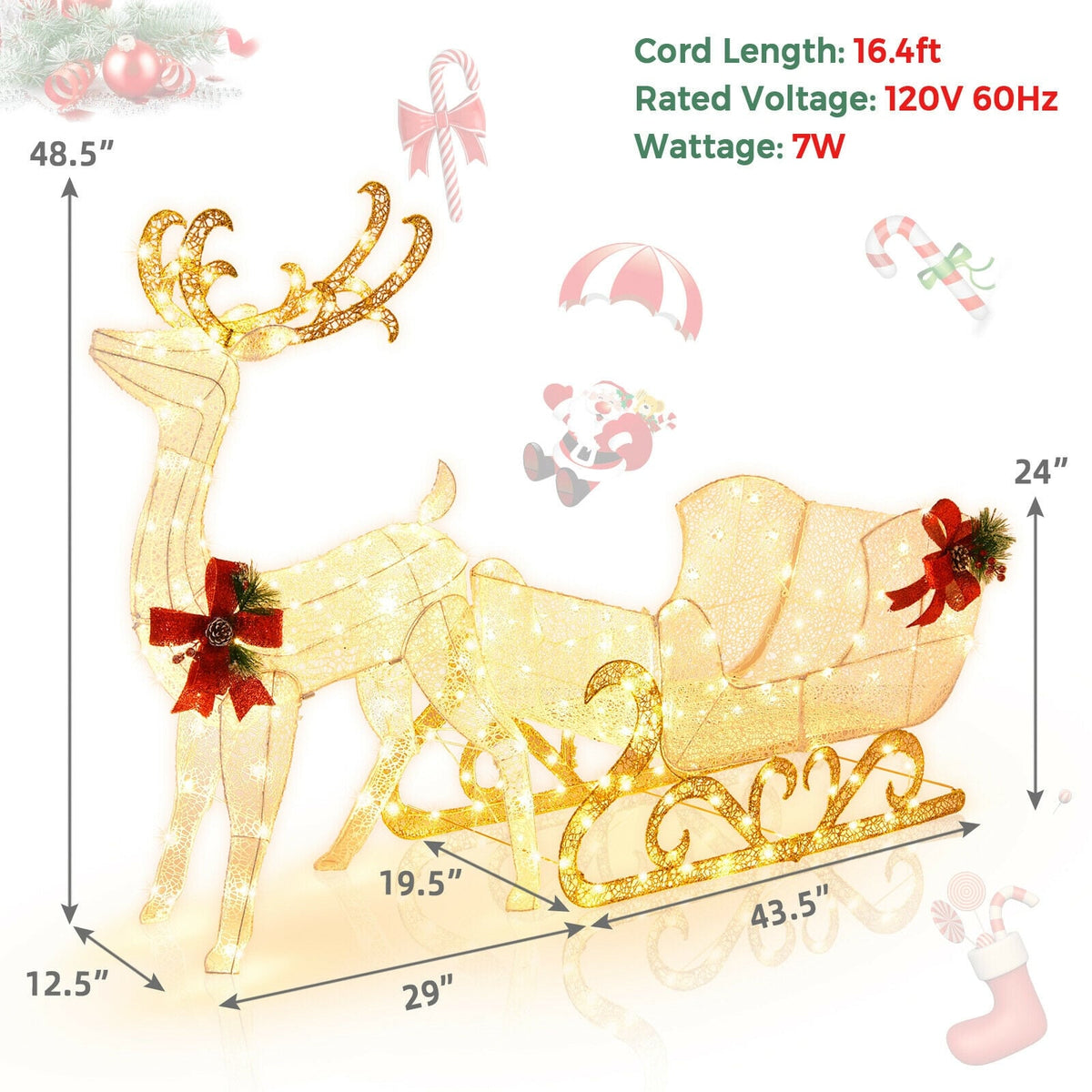 6 Feet Christmas Lighted Reindeer and Santa's Sleigh Decoration with 4 Stakes-Golden-Christmas Decorations & Accessories-DECOROLALA