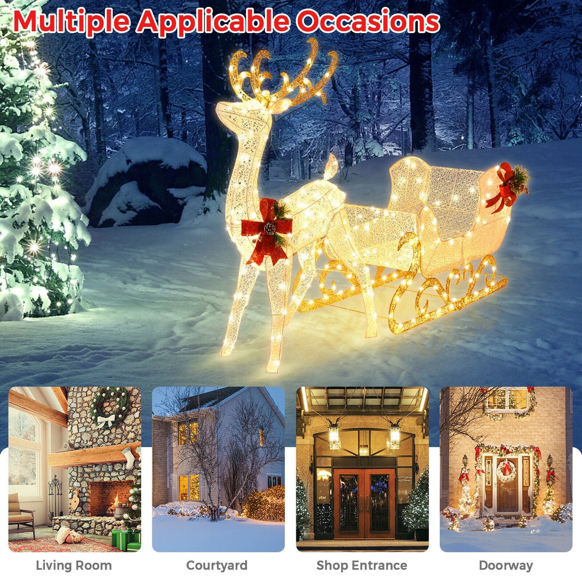 6 Feet Christmas Lighted Reindeer and Santa's Sleigh Decoration with 4 Stakes-Golden-Christmas Decorations & Accessories-DECOROLALA