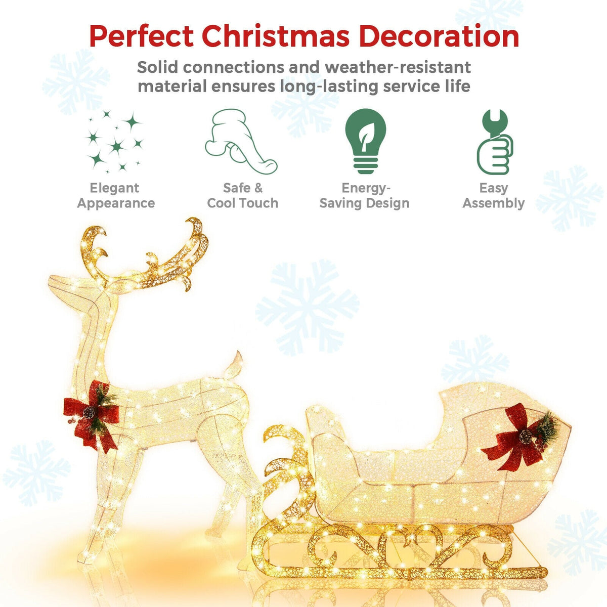 6 Feet Christmas Lighted Reindeer and Santa's Sleigh Decoration with 4 Stakes-Golden-Christmas Decorations & Accessories-DECOROLALA