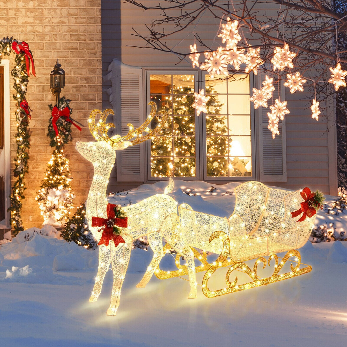 6 Feet Christmas Lighted Reindeer and Santa's Sleigh Decoration with 4 Stakes-Golden-Christmas Decorations & Accessories-DECOROLALA