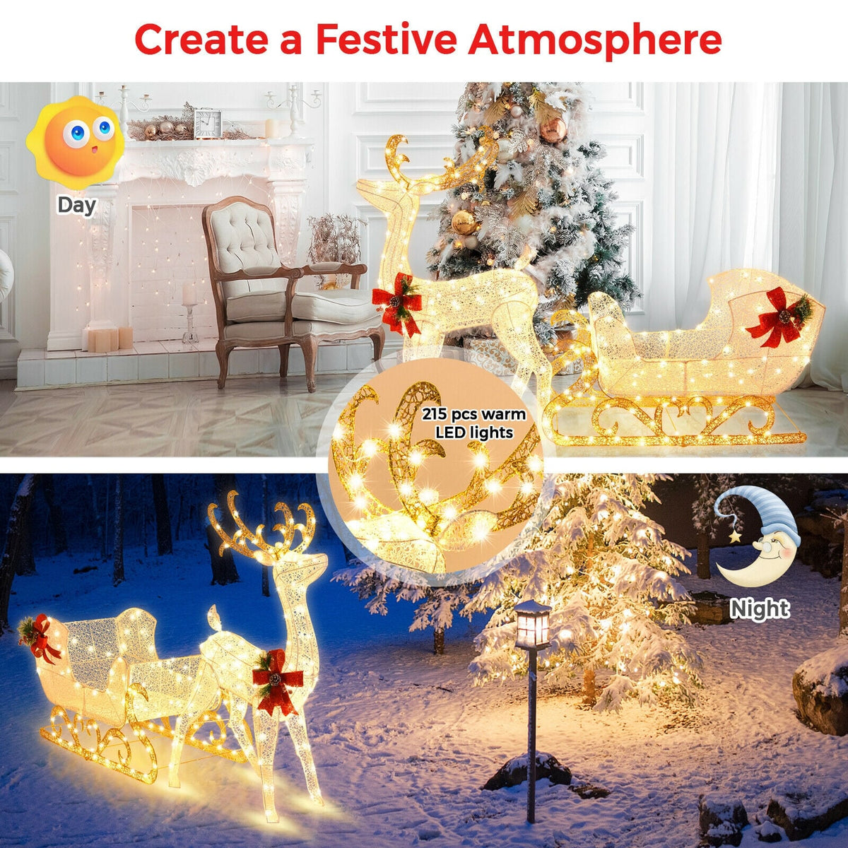 6 Feet Christmas Lighted Reindeer and Santa's Sleigh Decoration with 4 Stakes-Golden-Christmas Decorations & Accessories-DECOROLALA