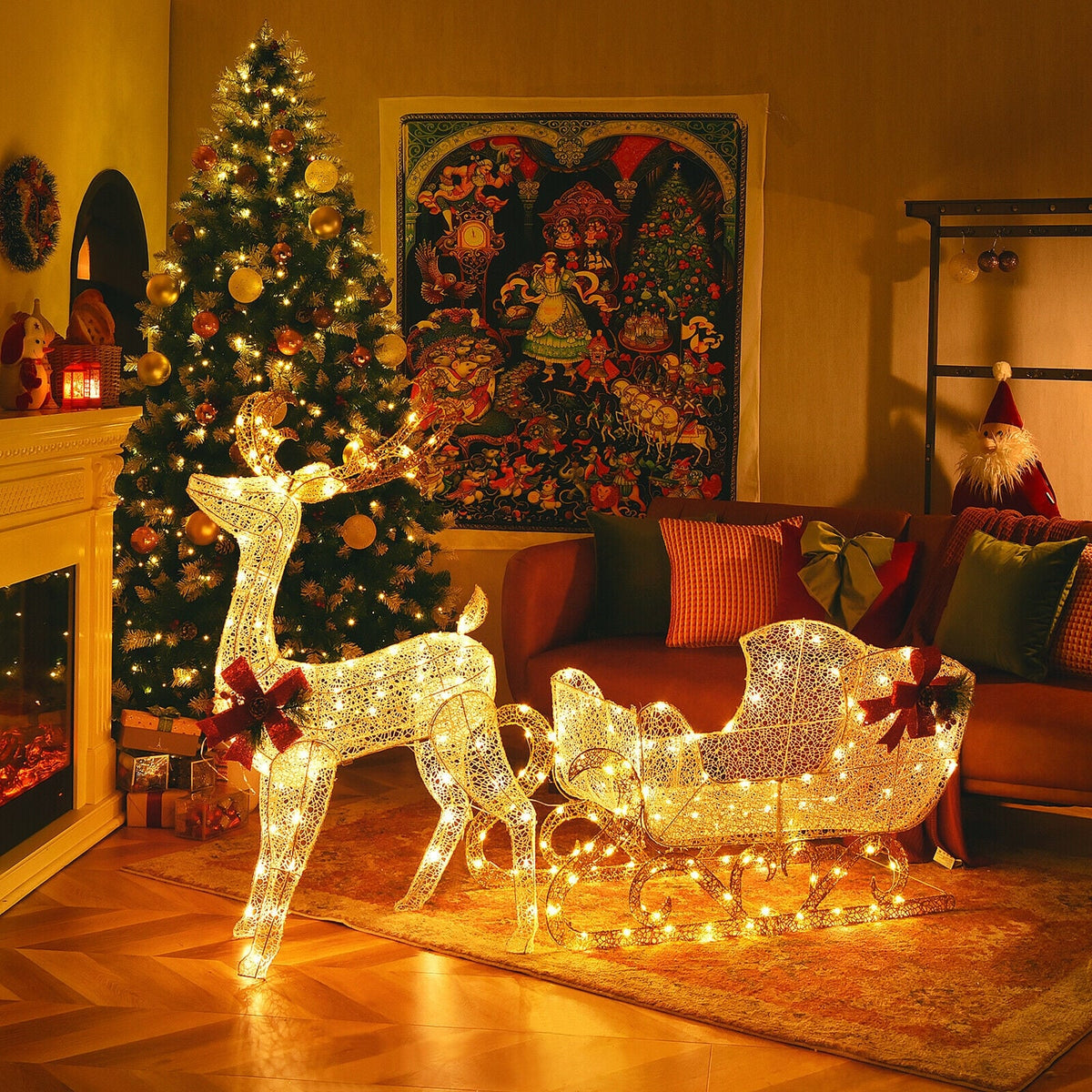 6 Feet Christmas Lighted Reindeer and Santa's Sleigh Decoration with 4 Stakes-Golden-Christmas Decorations & Accessories-DECOROLALA