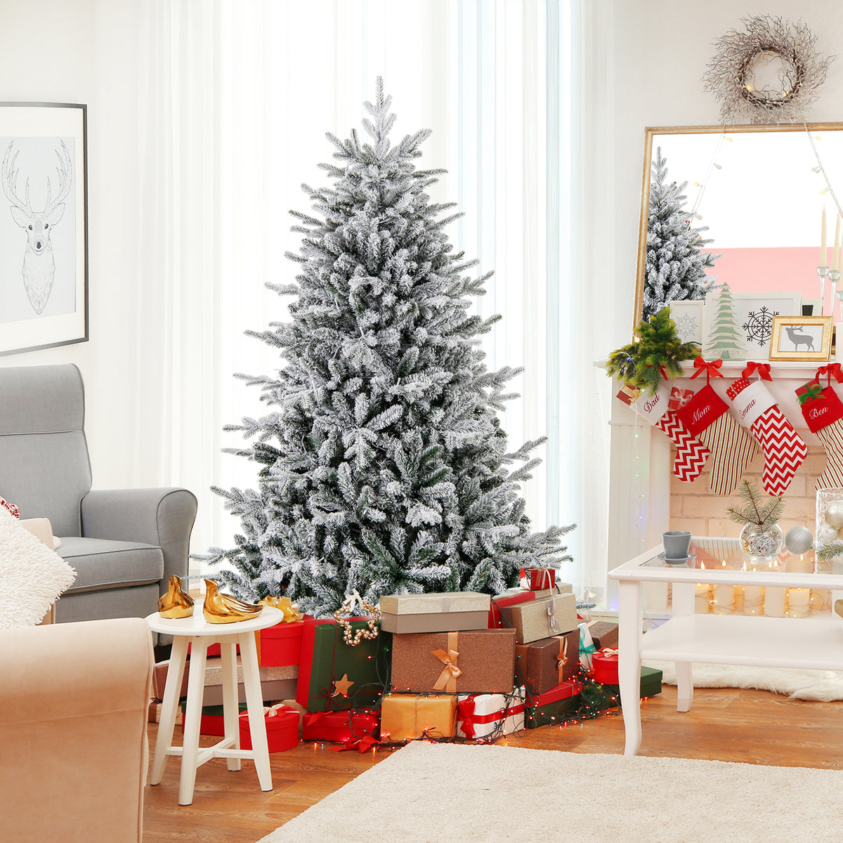 6 Feet Flocked Christmas Tree with 8 Lighting Modes and Multi-Color LED Lights-6 ft-Christmas Trees-DECOROLALA