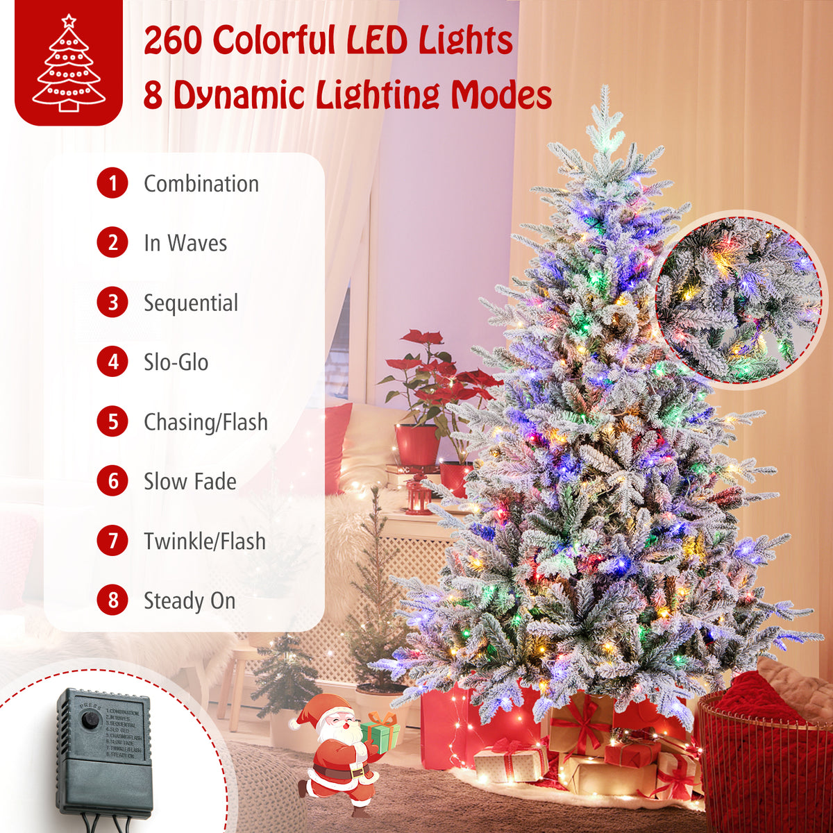 6 Feet Flocked Christmas Tree with 8 Lighting Modes and Multi-Color LED Lights-6 ft-Christmas Trees-DECOROLALA