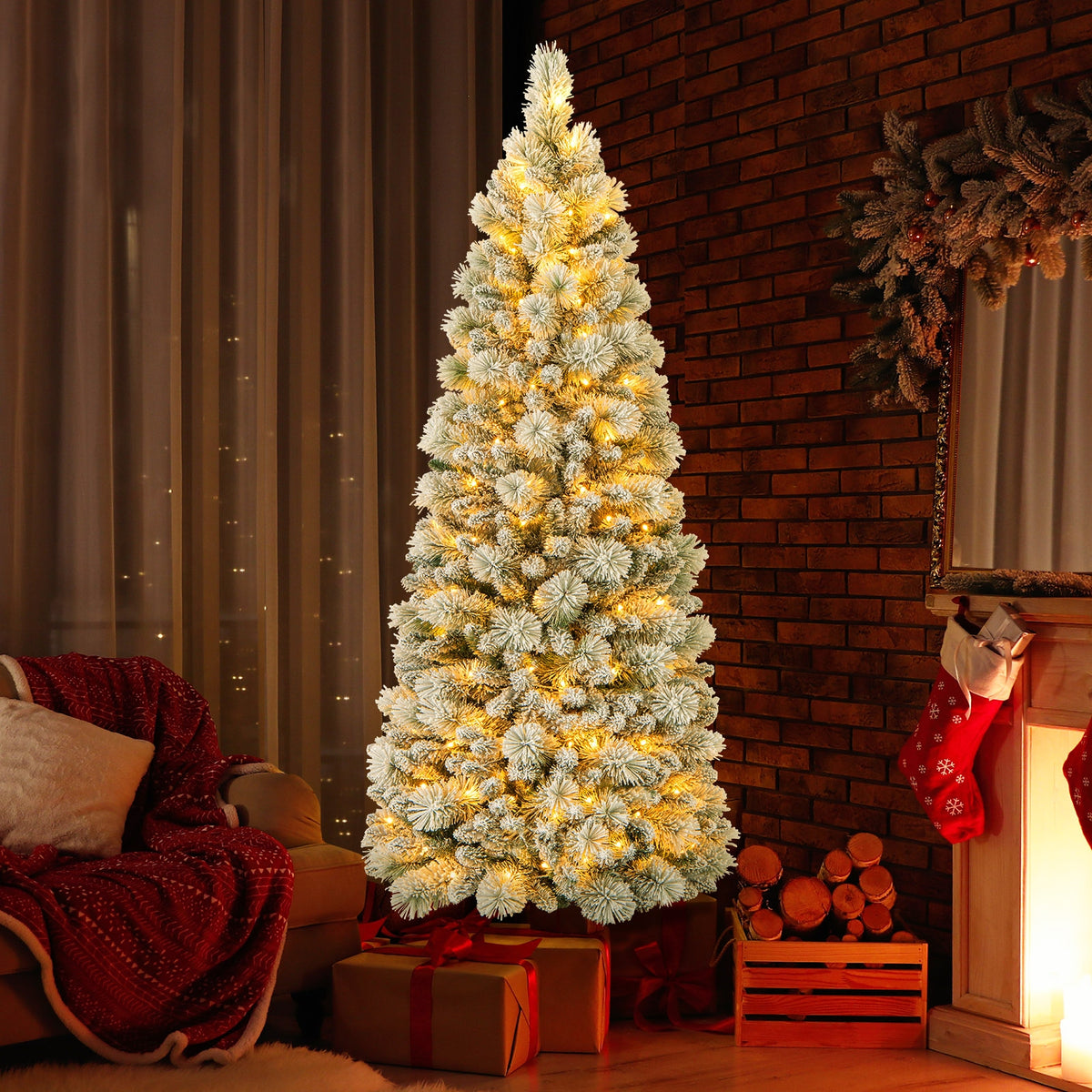 6 Feet Flocked Christmas Tree with Pine Needles and LED Lights-Christmas Trees-DECOROLALA