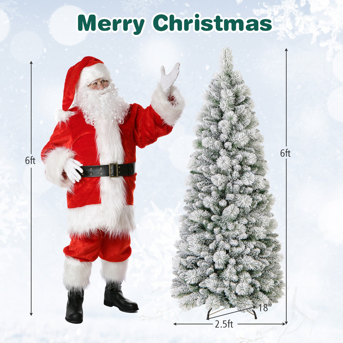 6 Feet Flocked Christmas Tree with Pine Needles and LED Lights-Christmas Trees-DECOROLALA