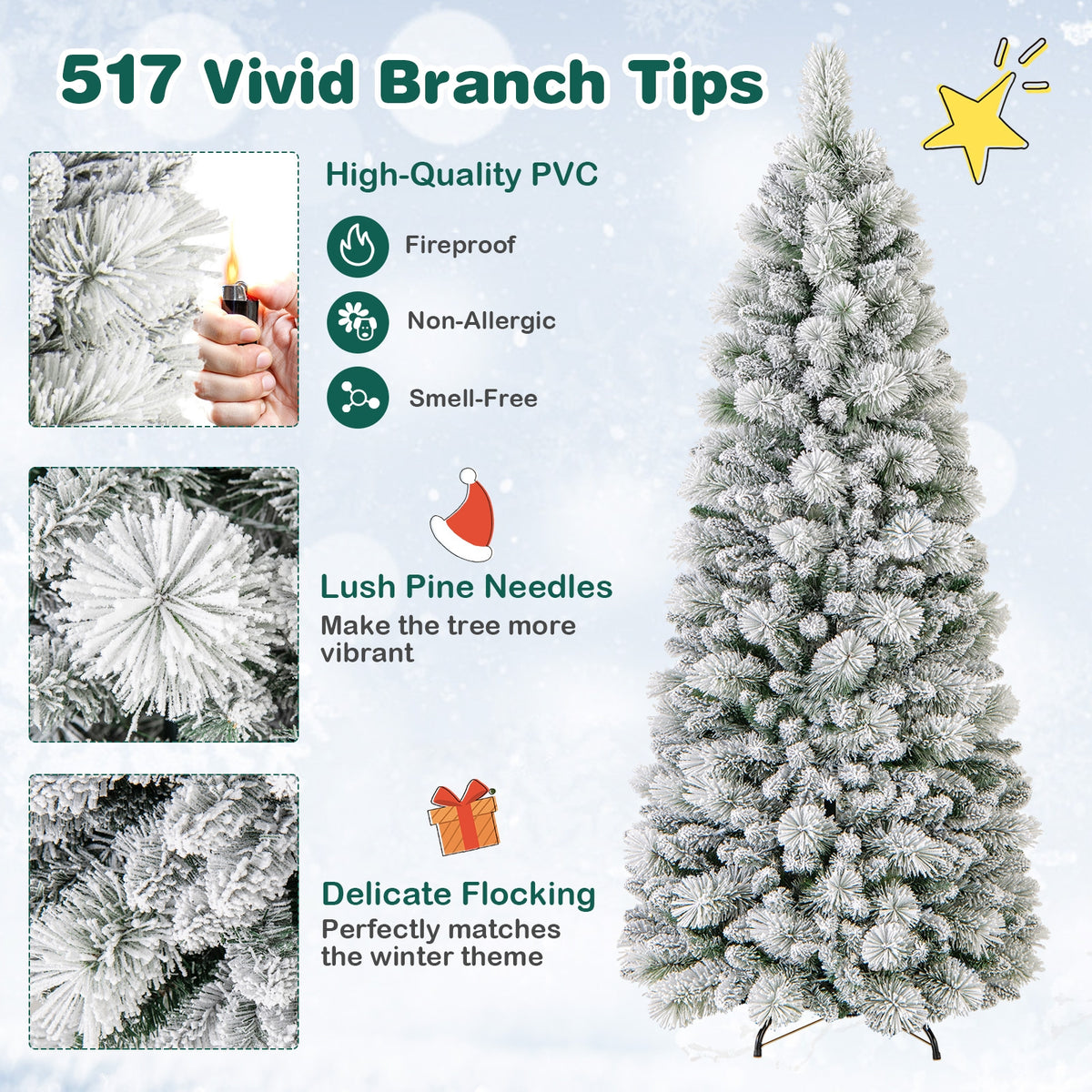 6 Feet Flocked Christmas Tree with Pine Needles and LED Lights-Christmas Trees-DECOROLALA