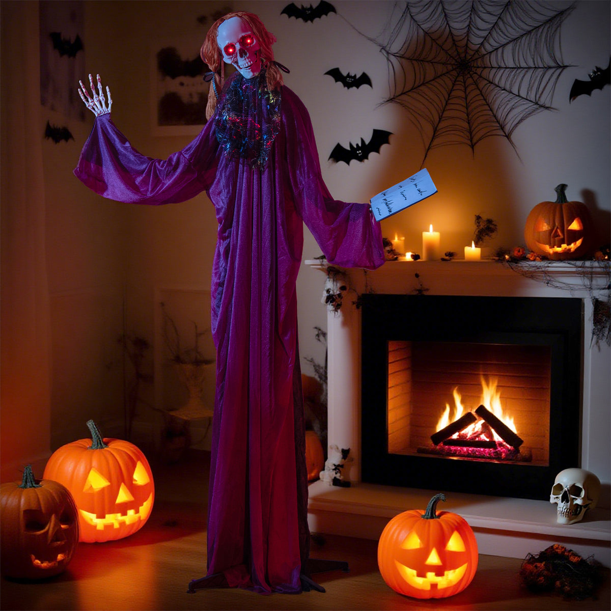 6 Feet Halloween Animatronic Standing Girl Holding Book with Sound-Activated Light-up Eyes and Moving Arms & Head-Halloween-DECOROLALA