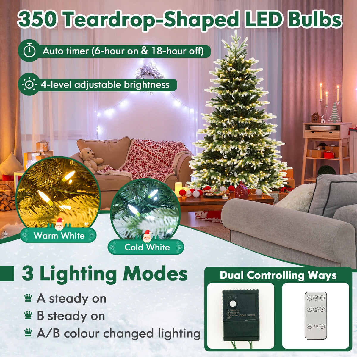 6 Feet Hinged Christmas Tree with 350 LED Lights Remote Control-Christmas Trees-DECOROLALA
