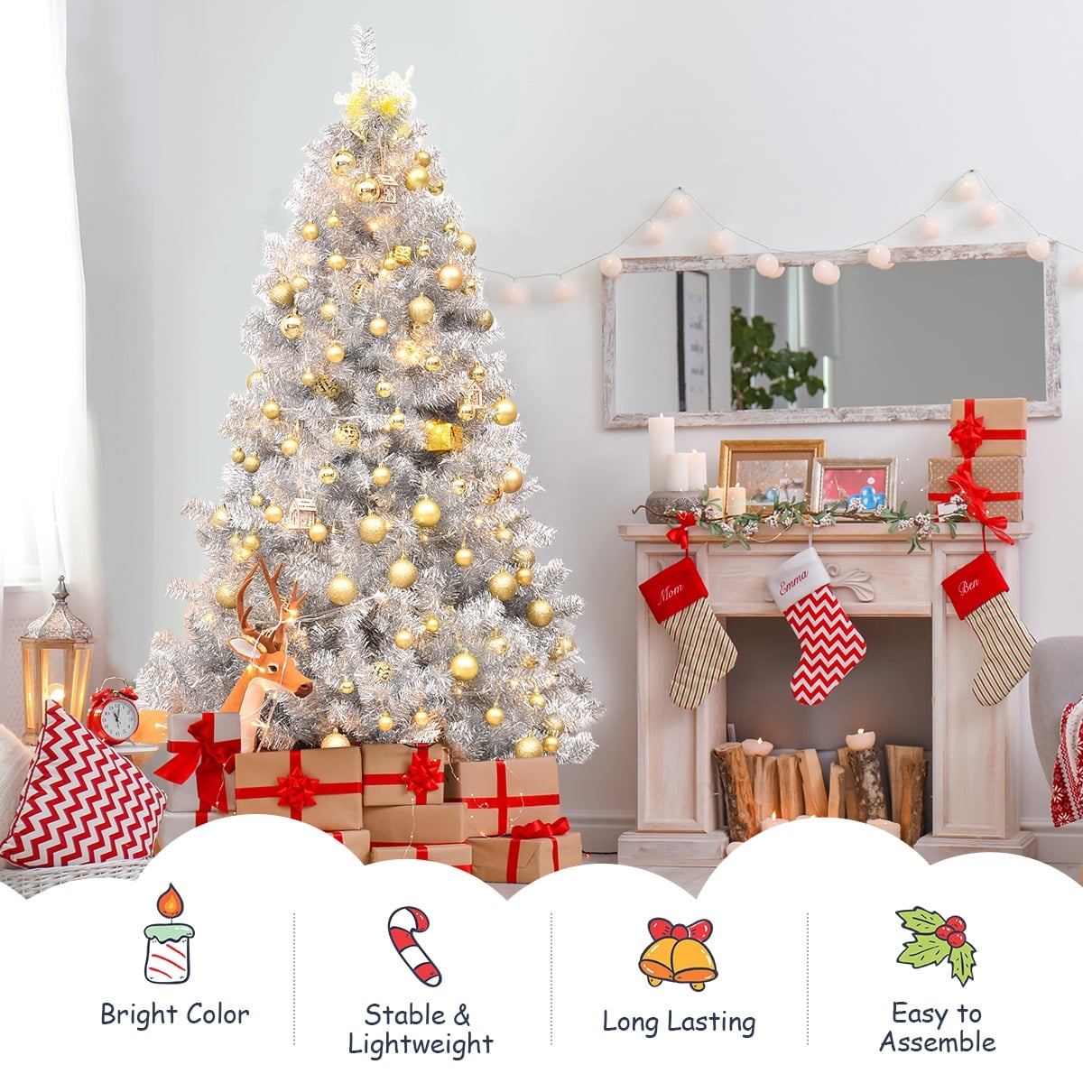 6 Feet Hinged Unlit Artificial Silver Tinsel Christmas Tree with Metal Stand-Christmas Trees-DECOROLALA