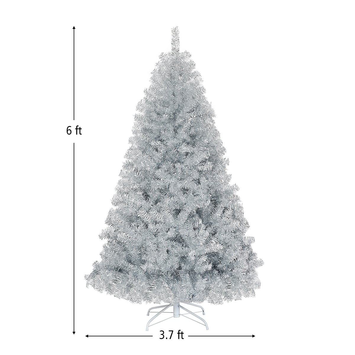 6 Feet Hinged Unlit Artificial Silver Tinsel Christmas Tree with Metal Stand-Christmas Trees-DECOROLALA