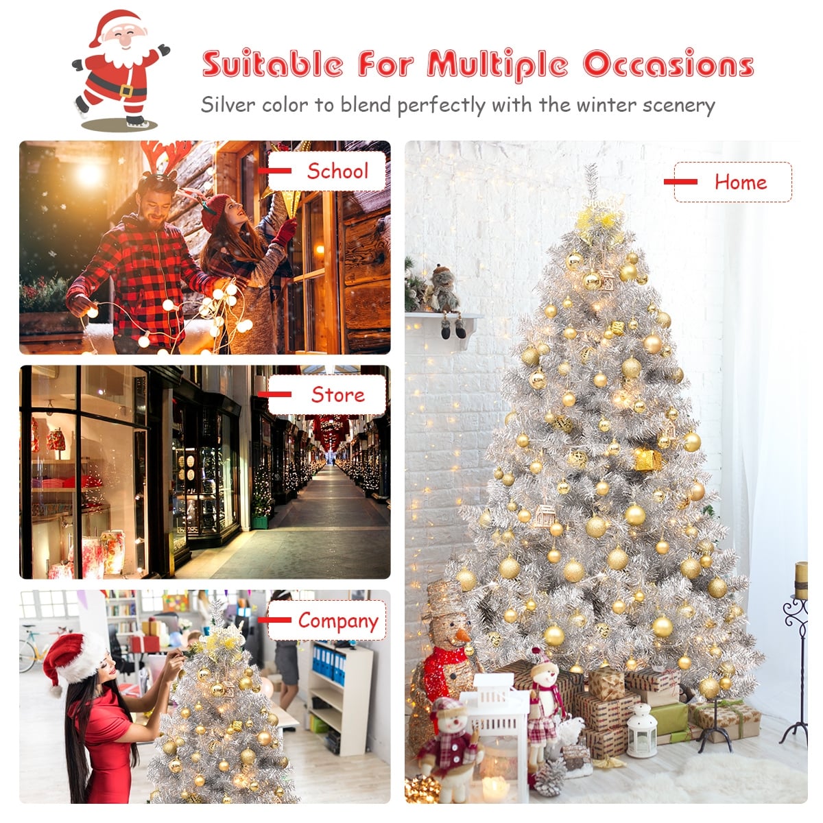 6 Feet Hinged Unlit Artificial Silver Tinsel Christmas Tree with Metal Stand-Christmas Trees-DECOROLALA