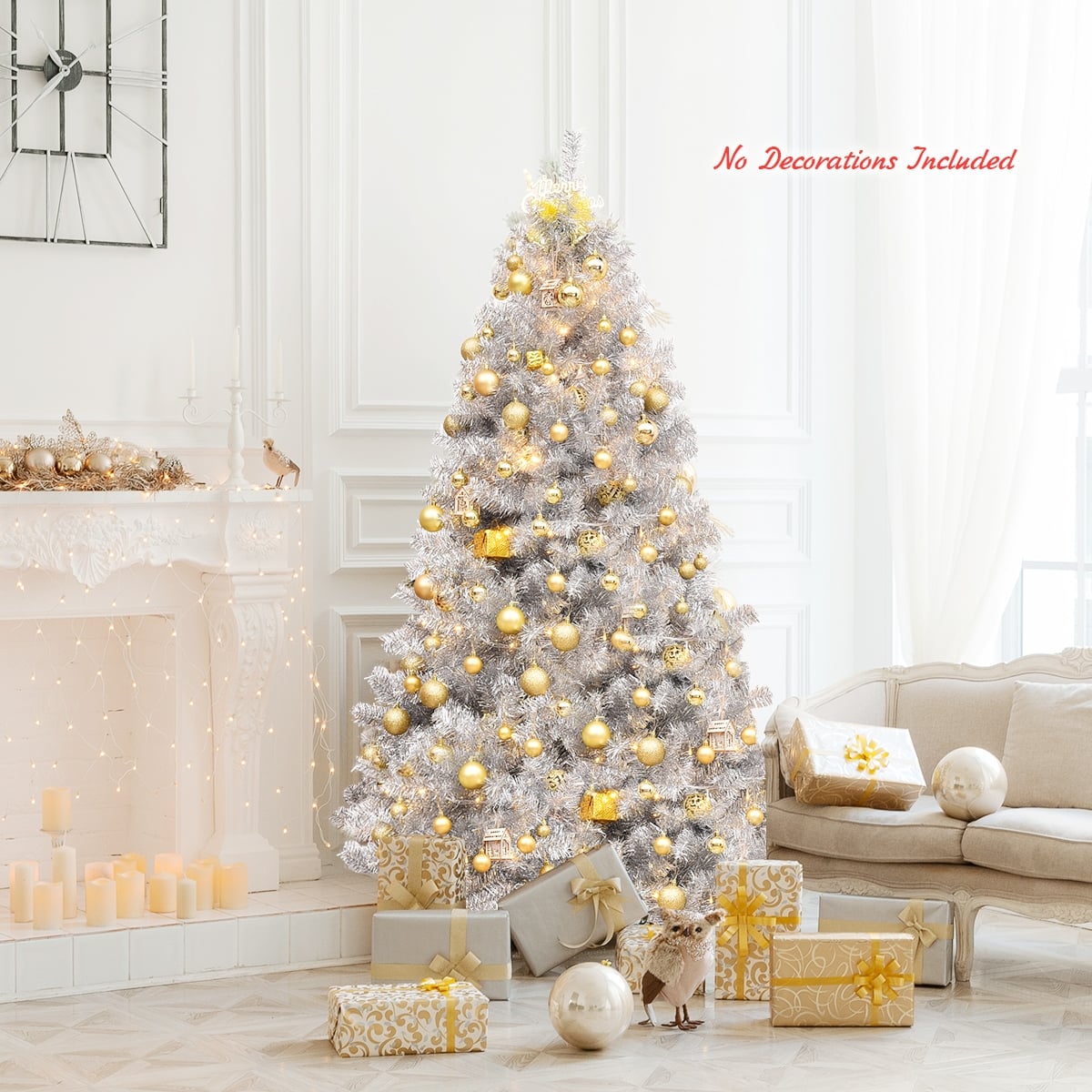 6 Feet Hinged Unlit Artificial Silver Tinsel Christmas Tree with Metal Stand-Christmas Trees-DECOROLALA
