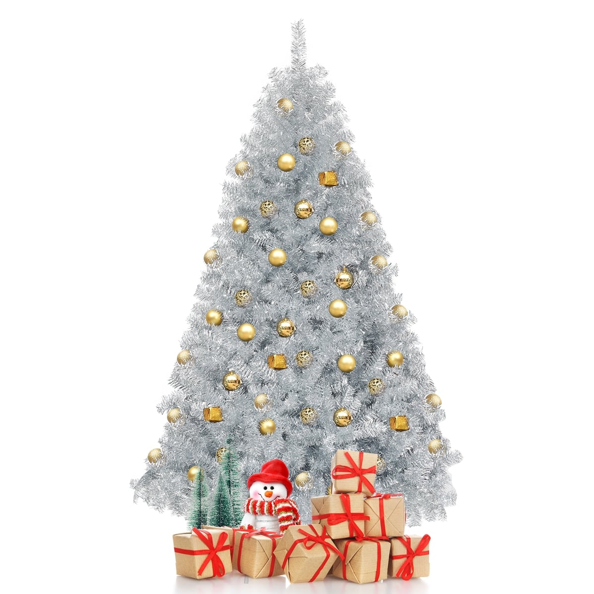 6 Feet Hinged Unlit Artificial Silver Tinsel Christmas Tree with Metal Stand-Christmas Trees-DECOROLALA