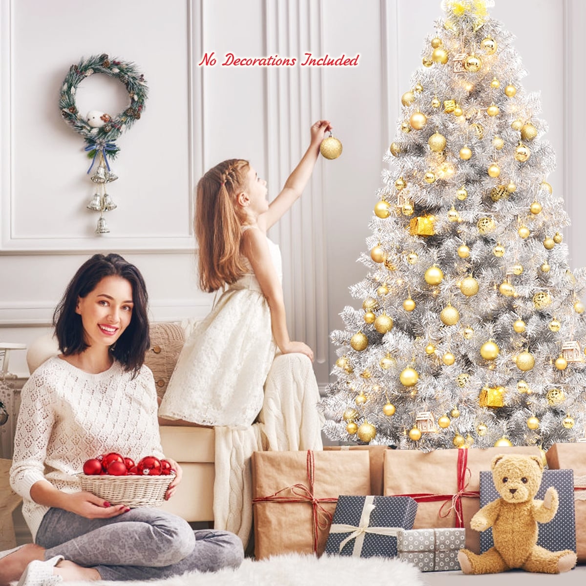 6 Feet Hinged Unlit Artificial Silver Tinsel Christmas Tree with Metal Stand-Christmas Trees-DECOROLALA