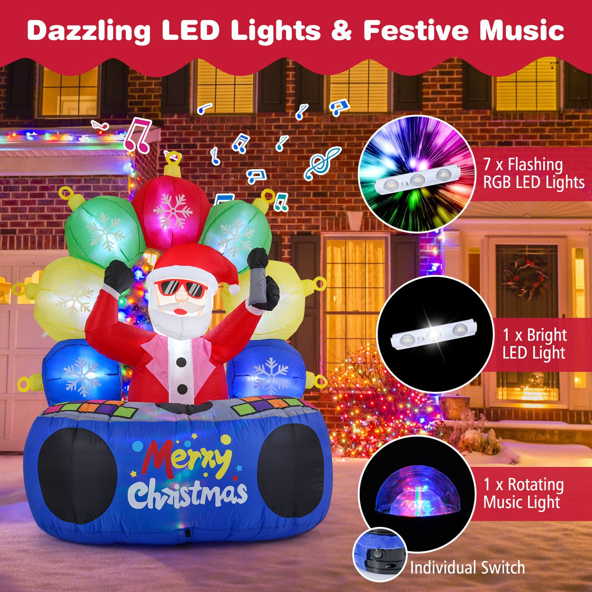 6 Feet Inflatable DJ Santa with Rotating Music Light and Flashing LEDs-Christmas Inflatables-DECOROLALA