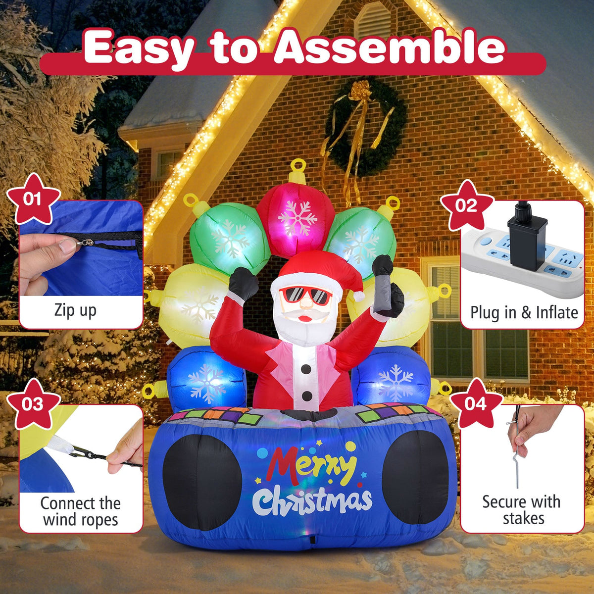 6 Feet Inflatable DJ Santa with Rotating Music Light and Flashing LEDs-Christmas Inflatables-DECOROLALA
