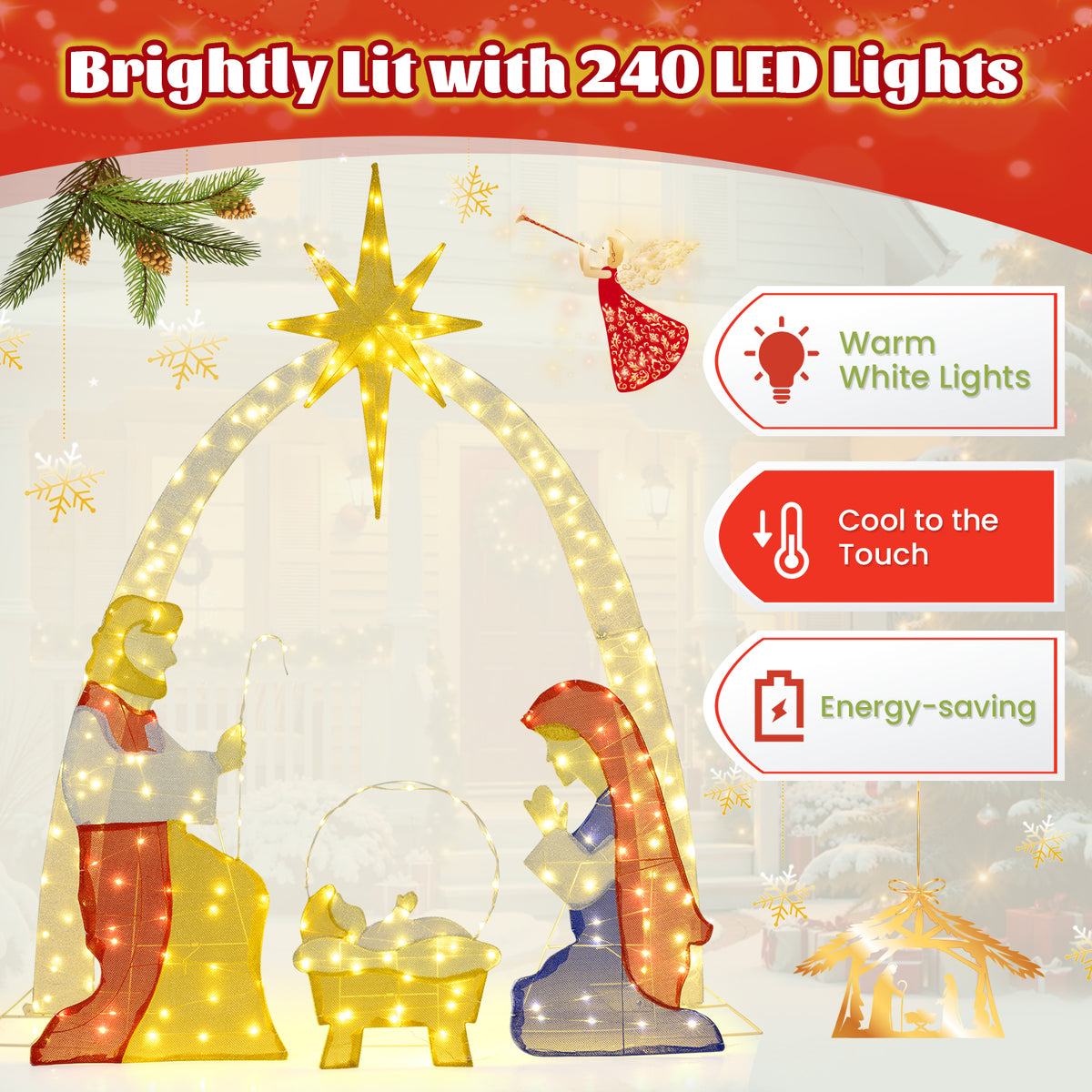 6 Feet Lighted Nativity Scene Yard Decoratio with 240 Warm White LED Lights-Christmas Decorations & Accessories-DECOROLALA