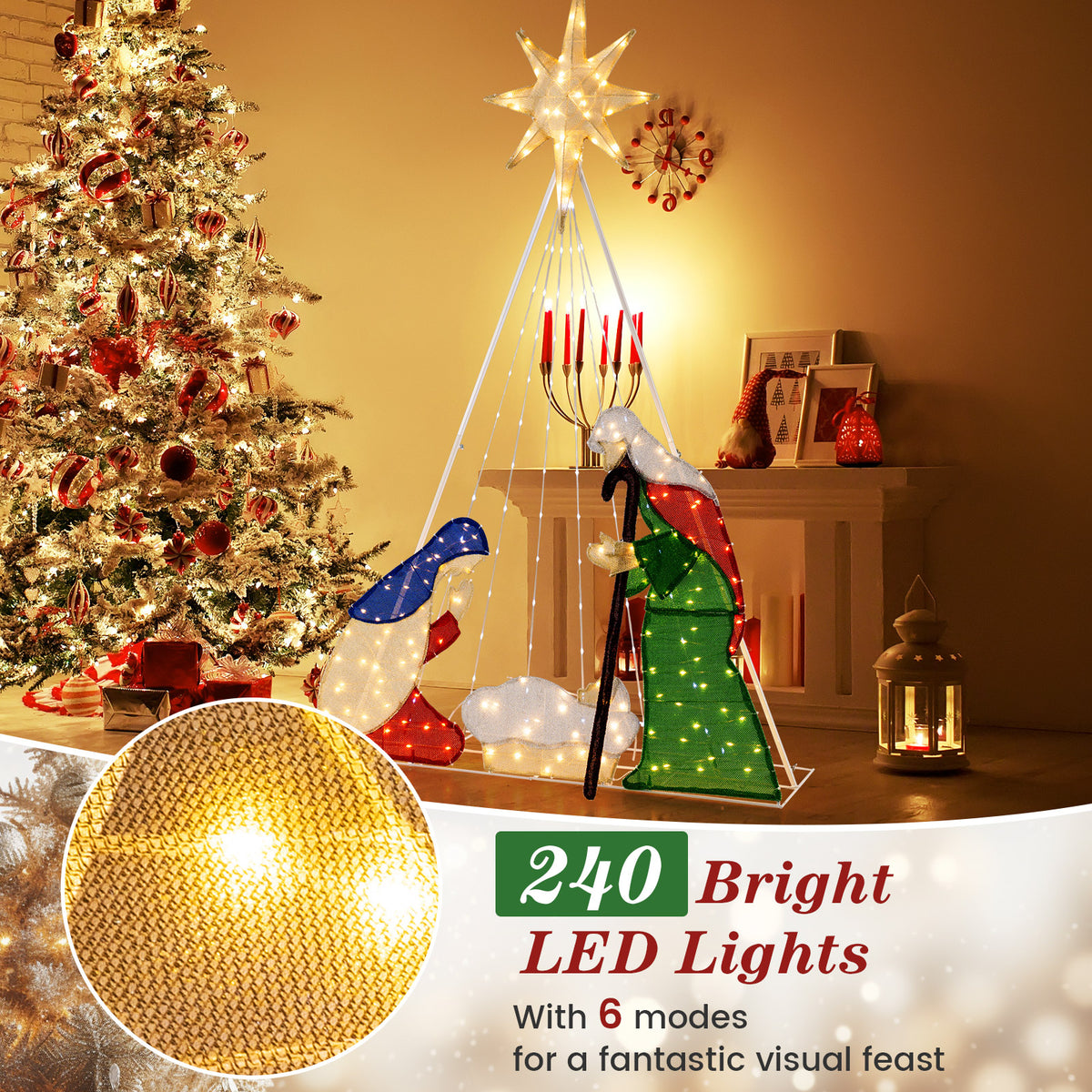 6 Feet Lighted Nativity Scene with 240 LED Lights-Christmas Decorations & Accessories-DECOROLALA