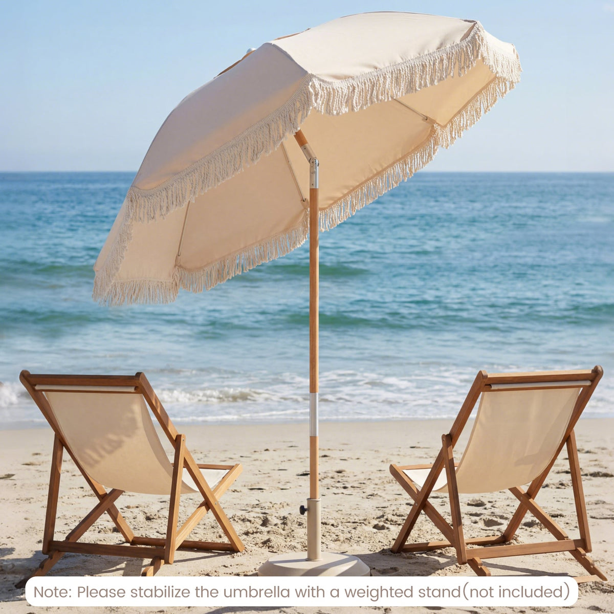 6 Feet Patio Umbrella with Fringe with Push Button Tilt and Wood Pole-Beige-Outdoor Umbrellas-DECOROLALA