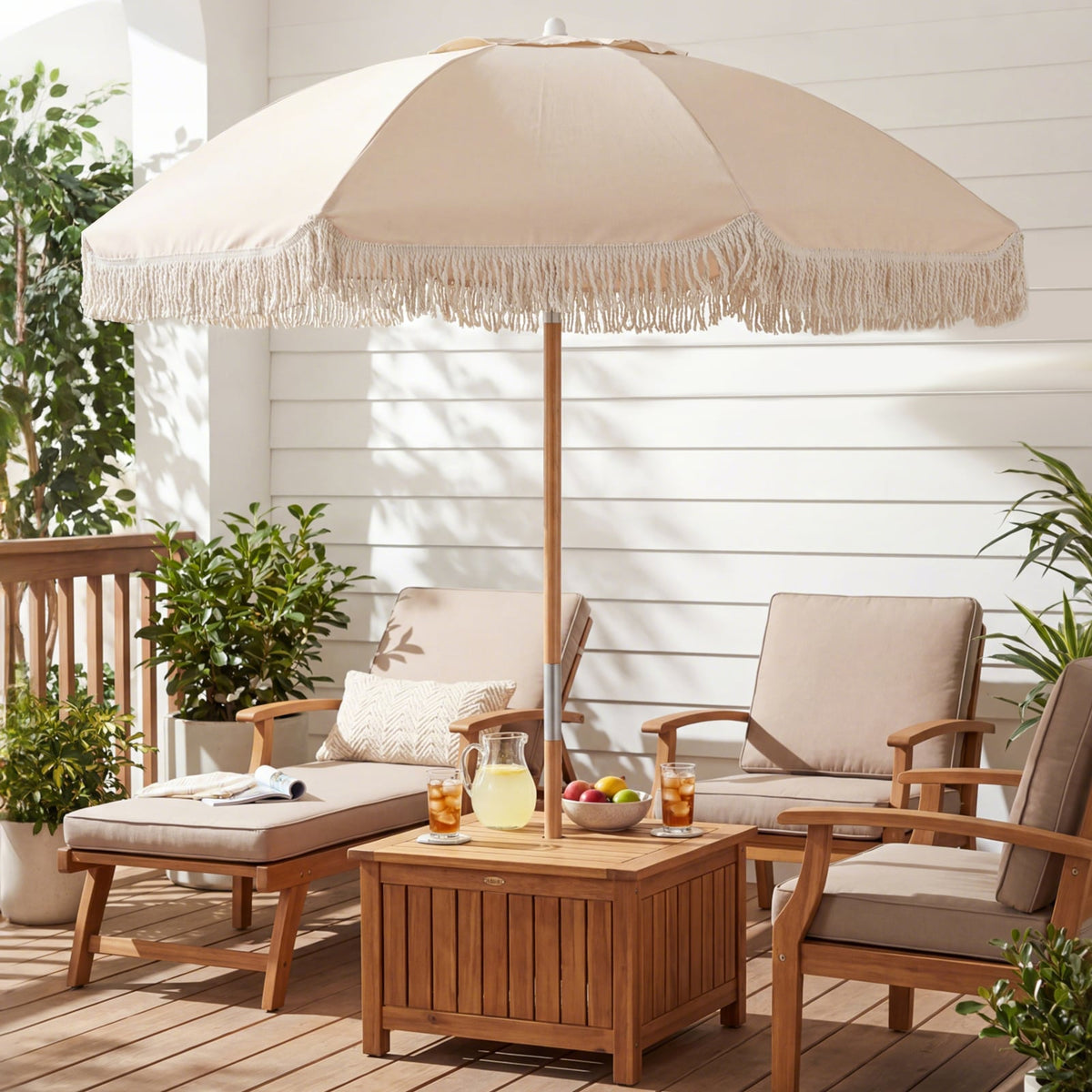 6 Feet Patio Umbrella with Fringe with Push Button Tilt and Wood Pole-Beige-Outdoor Umbrellas-DECOROLALA