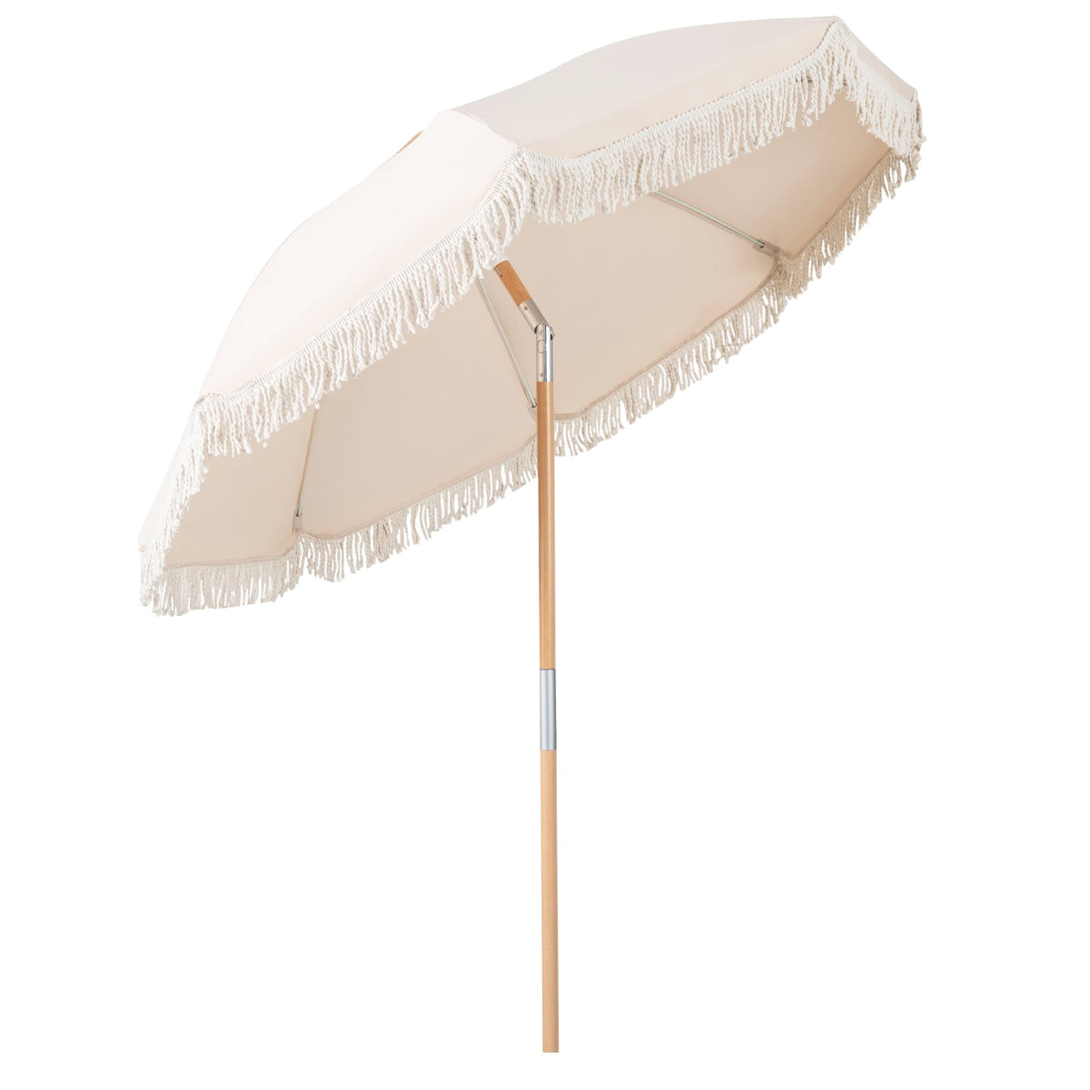 6 Feet Patio Umbrella with Fringe with Push Button Tilt and Wood Pole-Beige-Outdoor Umbrellas-DECOROLALA