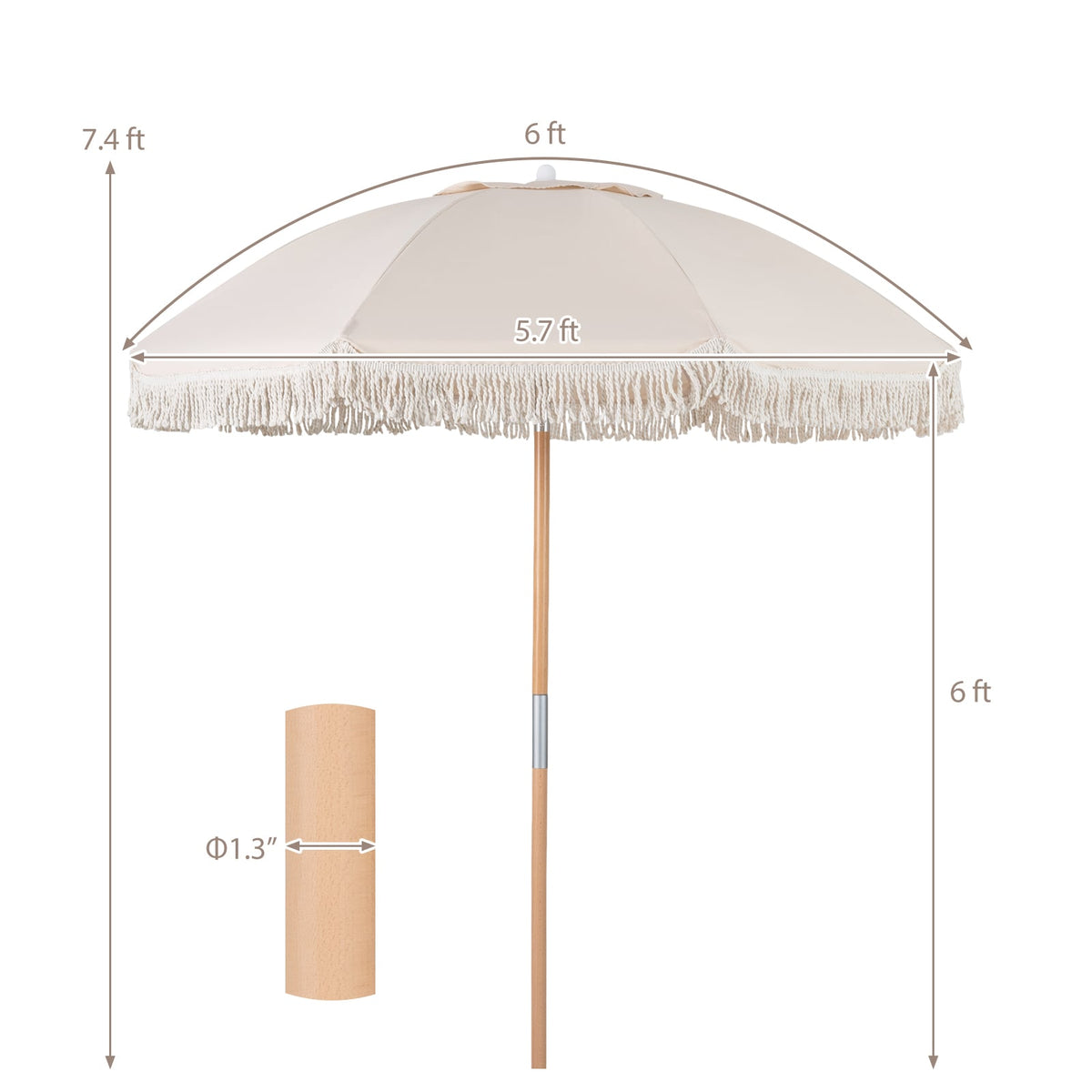 6 Feet Patio Umbrella with Fringe with Push Button Tilt and Wood Pole-Beige-Outdoor Umbrellas-DECOROLALA