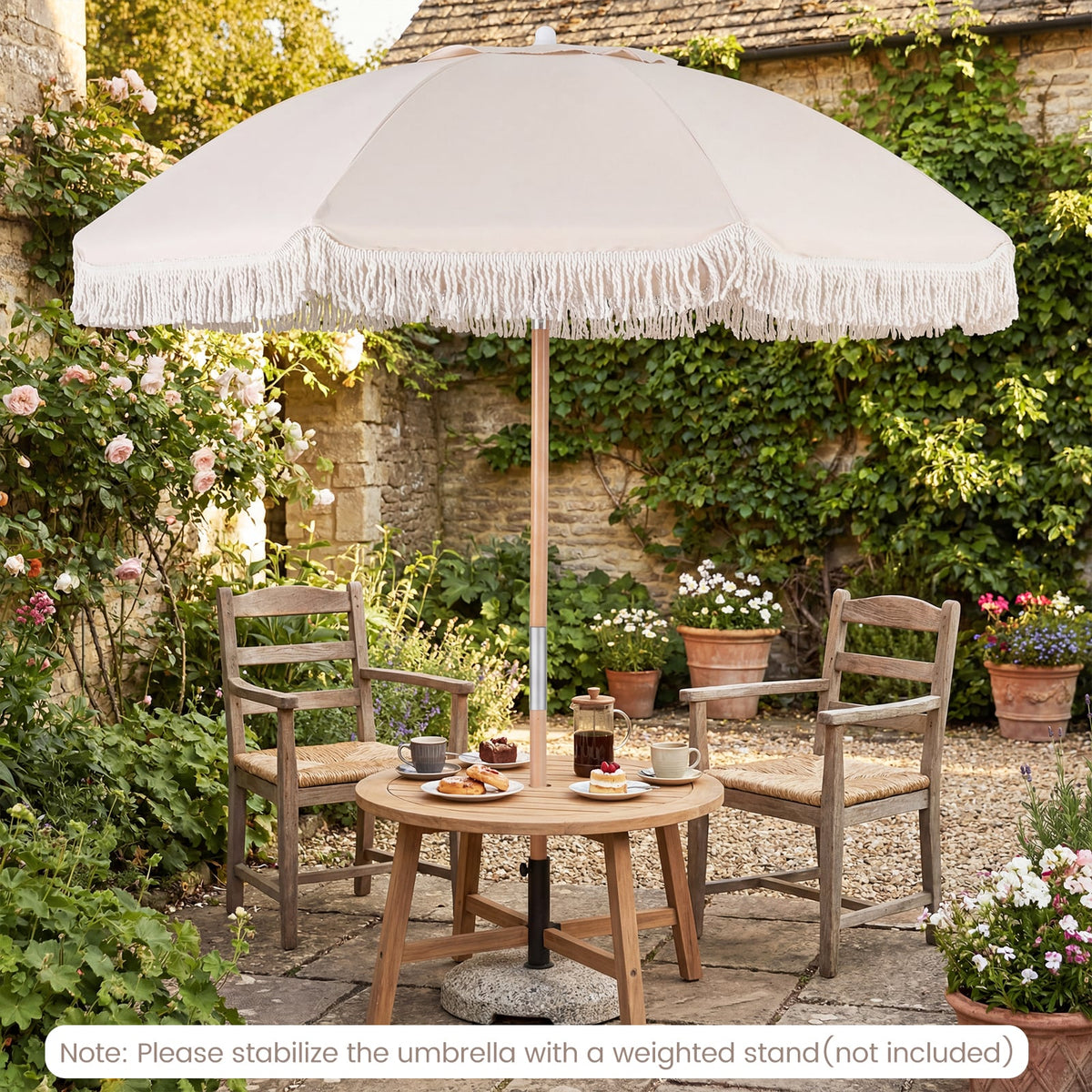 6 Feet Patio Umbrella with Fringe with Push Button Tilt and Wood Pole-Beige-Outdoor Umbrellas-DECOROLALA