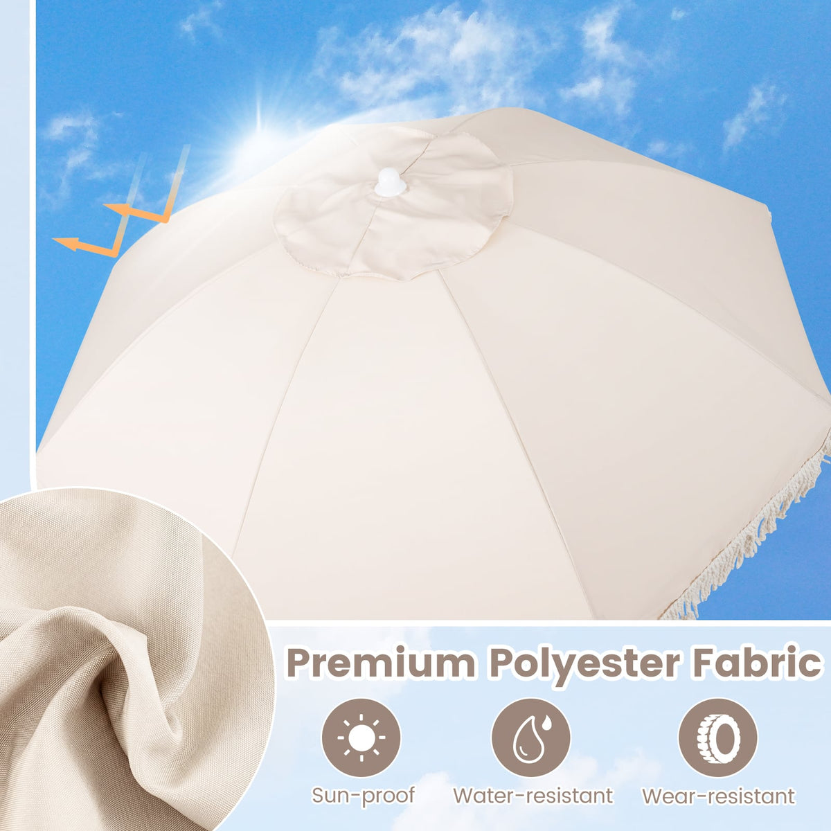 6 Feet Patio Umbrella with Fringe with Push Button Tilt and Wood Pole-Beige-Outdoor Umbrellas-DECOROLALA