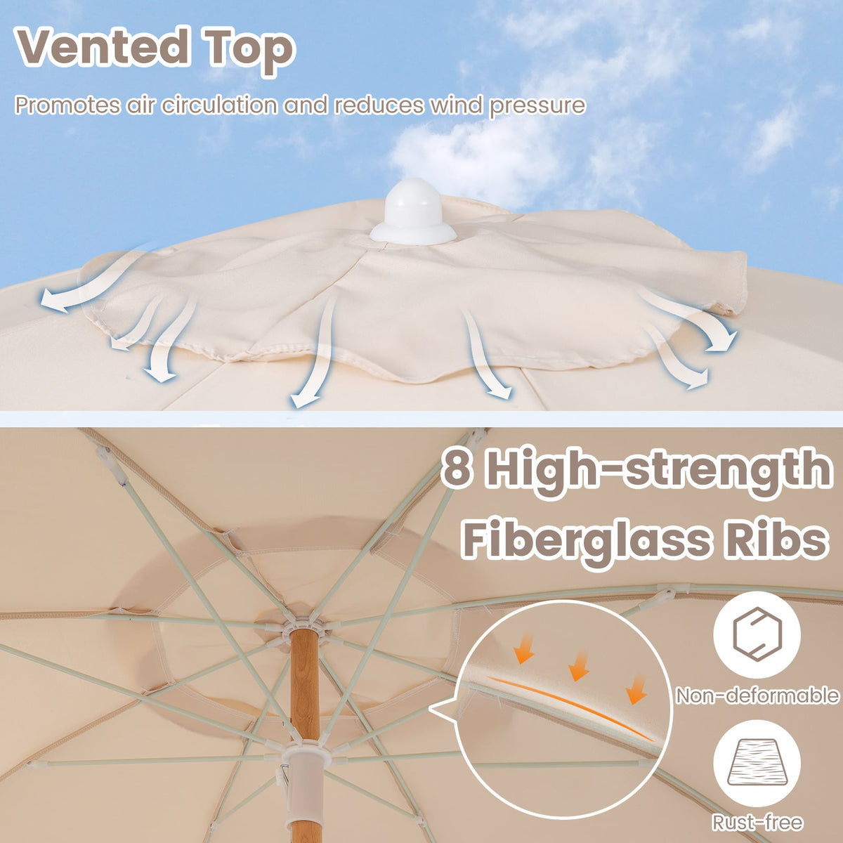 6 Feet Patio Umbrella with Fringe with Push Button Tilt and Wood Pole-Beige-Outdoor Umbrellas-DECOROLALA