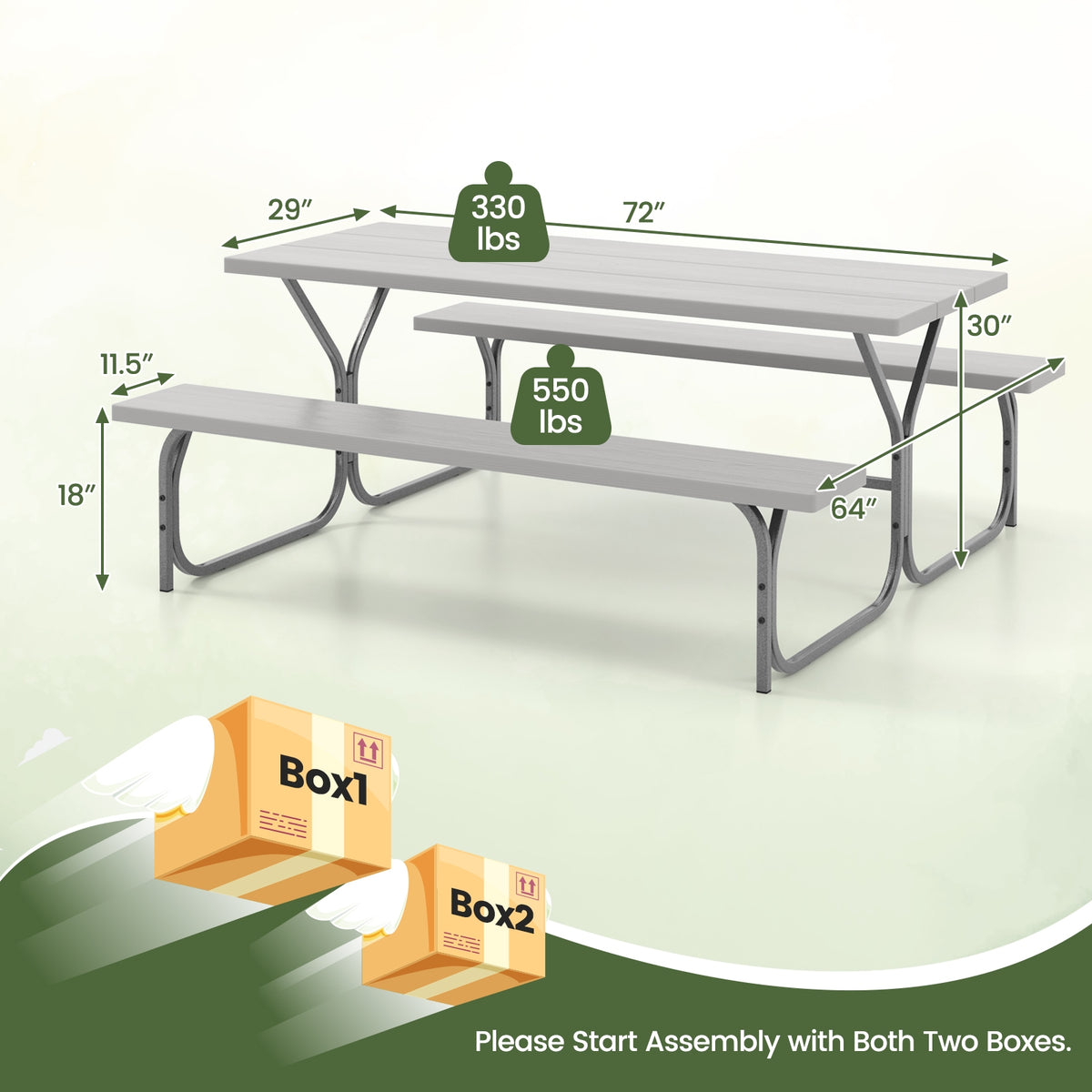 6 Feet Picnic Table Bench Set with HDPE Tabletop for 8 Person-Gray-Picnic Tables-DECOROLALA