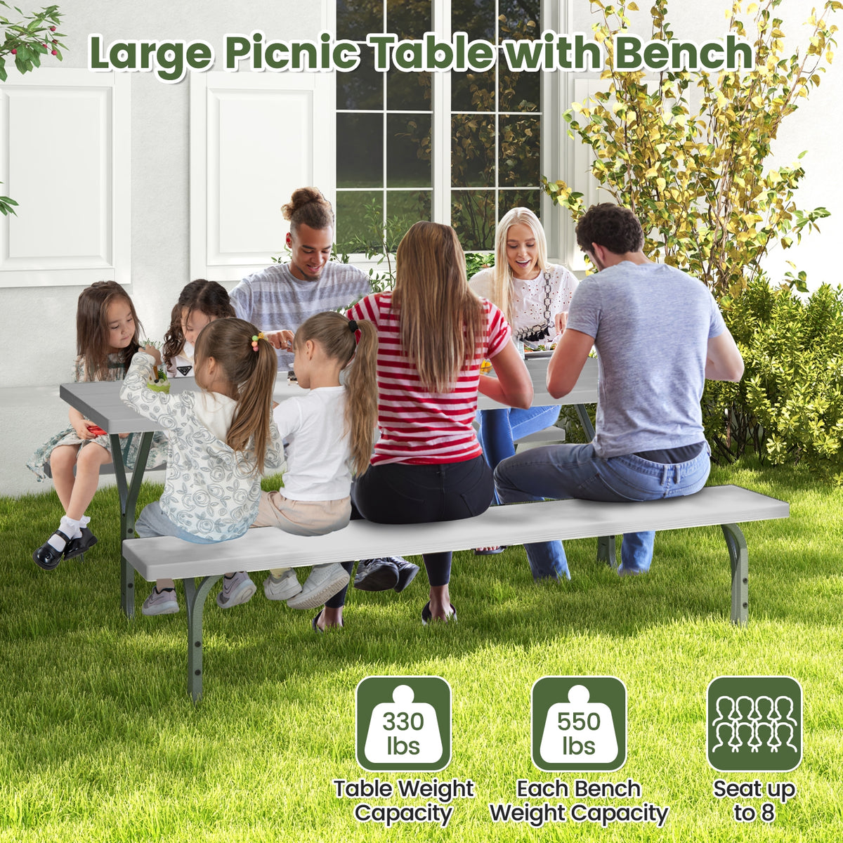 6 Feet Picnic Table Bench Set with HDPE Tabletop for 8 Person-Gray-Picnic Tables-DECOROLALA