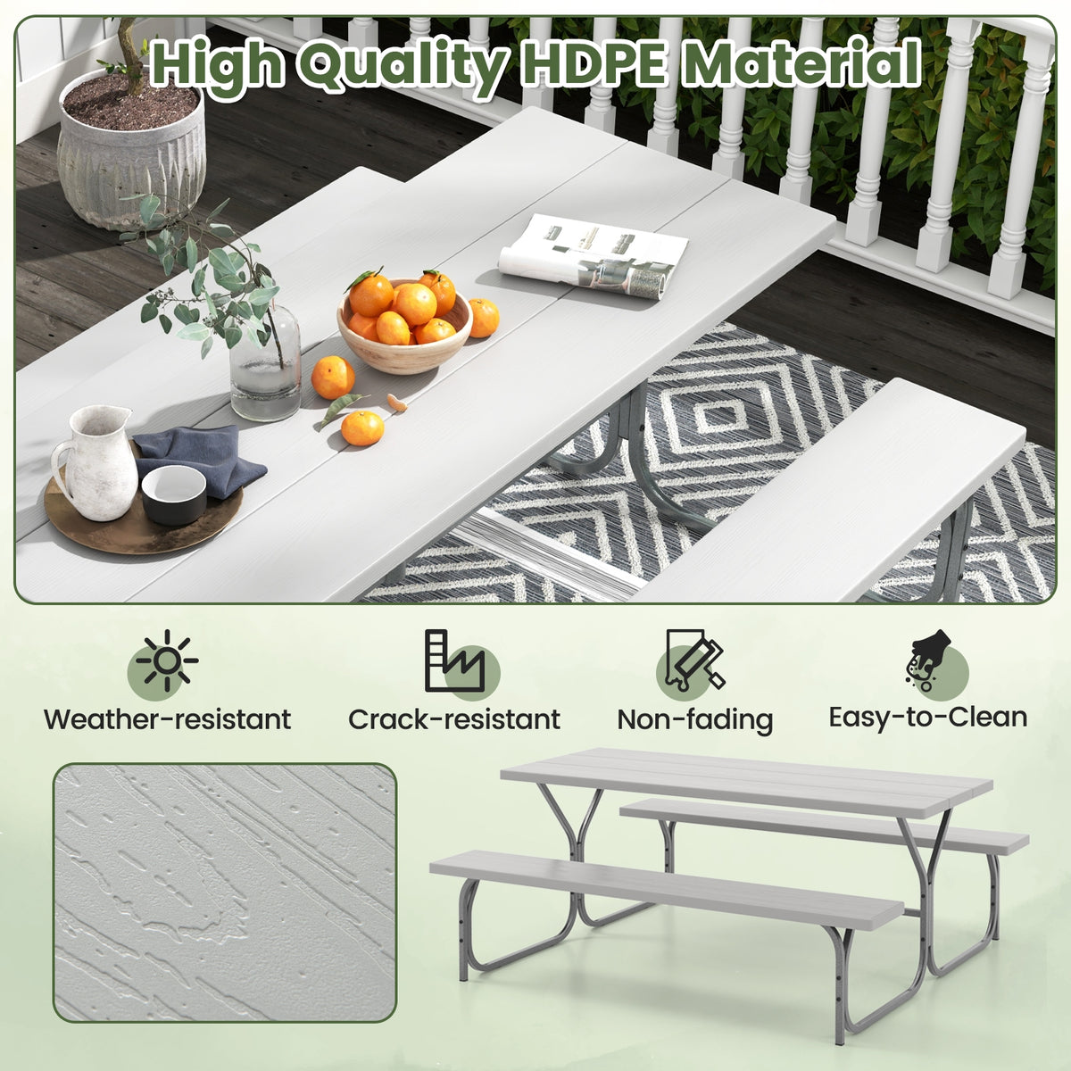 6 Feet Picnic Table Bench Set with HDPE Tabletop for 8 Person-Gray-Picnic Tables-DECOROLALA