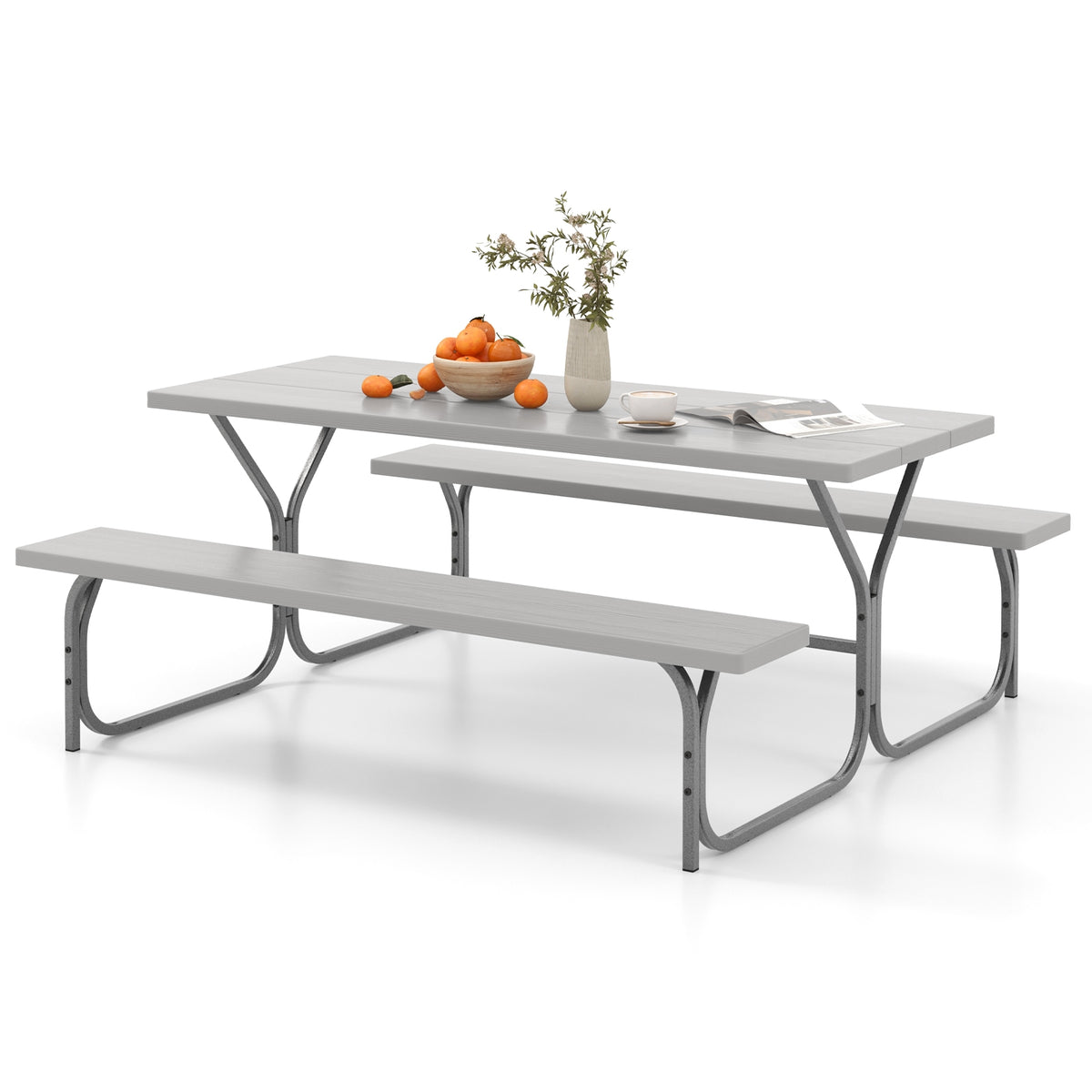 6 Feet Picnic Table Bench Set with HDPE Tabletop for 8 Person-Gray-Picnic Tables-DECOROLALA