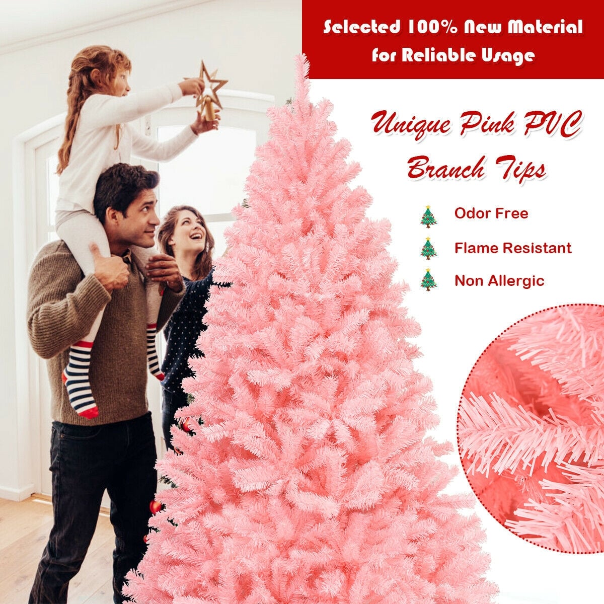 6 Feet Pink Artificial Hinged Spruce Full Christmas Tree with Foldable Metal Stand-Christmas Trees-DECOROLALA
