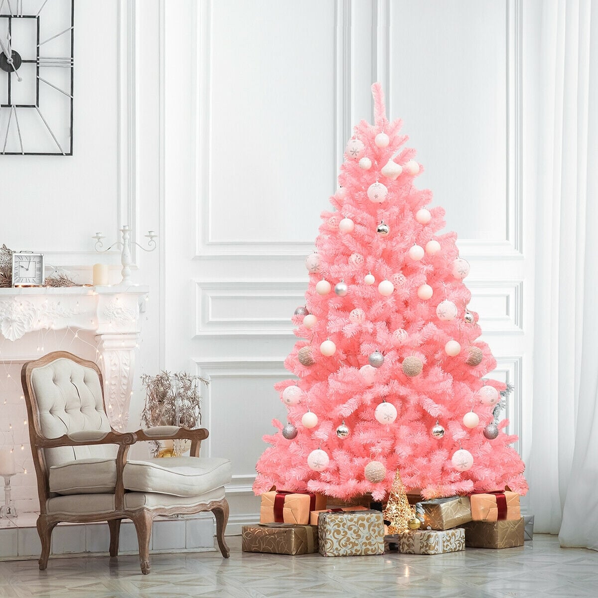 6 Feet Pink Artificial Hinged Spruce Full Christmas Tree with Foldable Metal Stand-Christmas Trees-DECOROLALA