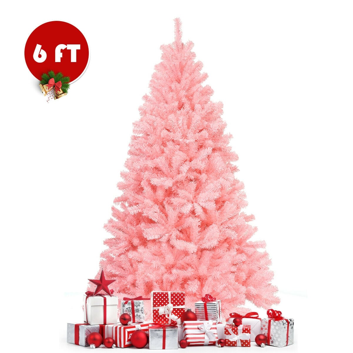 6 Feet Pink Artificial Hinged Spruce Full Christmas Tree with Foldable Metal Stand-Christmas Trees-DECOROLALA