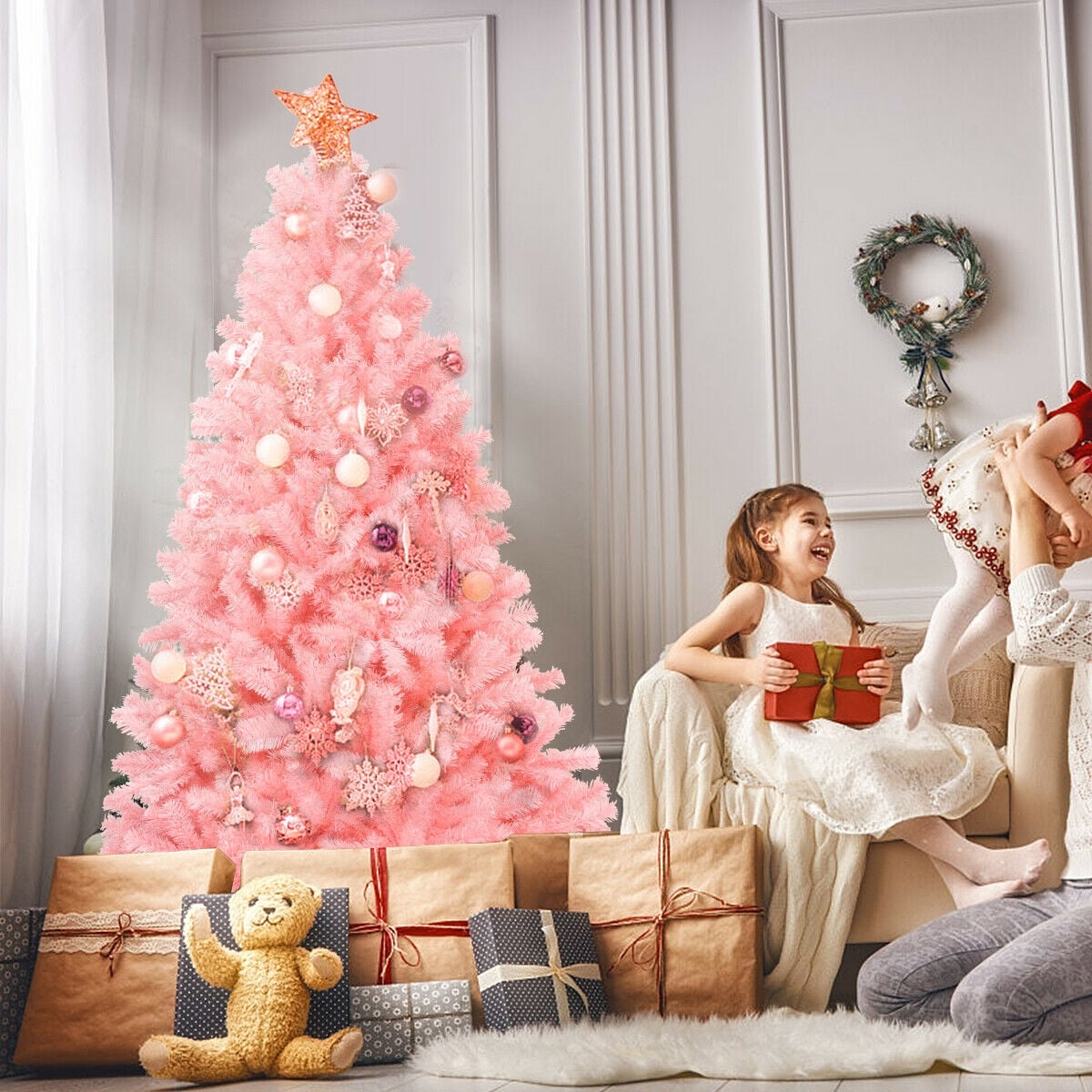 6 Feet Pink Artificial Hinged Spruce Full Christmas Tree with Foldable Metal Stand-Christmas Trees-DECOROLALA