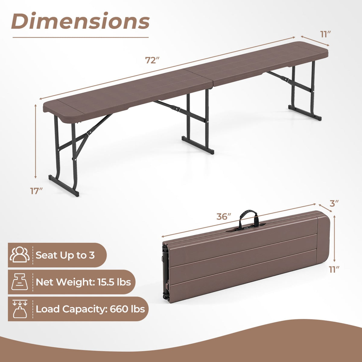 6 Feet Plastic Folding Bench Picnic Camping Dining Seat with Carrying Handle-coffee-Camping Furniture-DECOROLALA