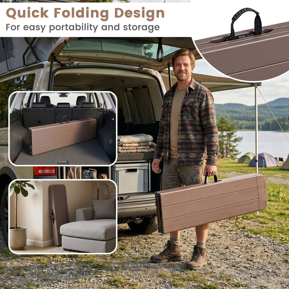 6 Feet Plastic Folding Bench Picnic Camping Dining Seat with Carrying Handle-coffee-Camping Furniture-DECOROLALA
